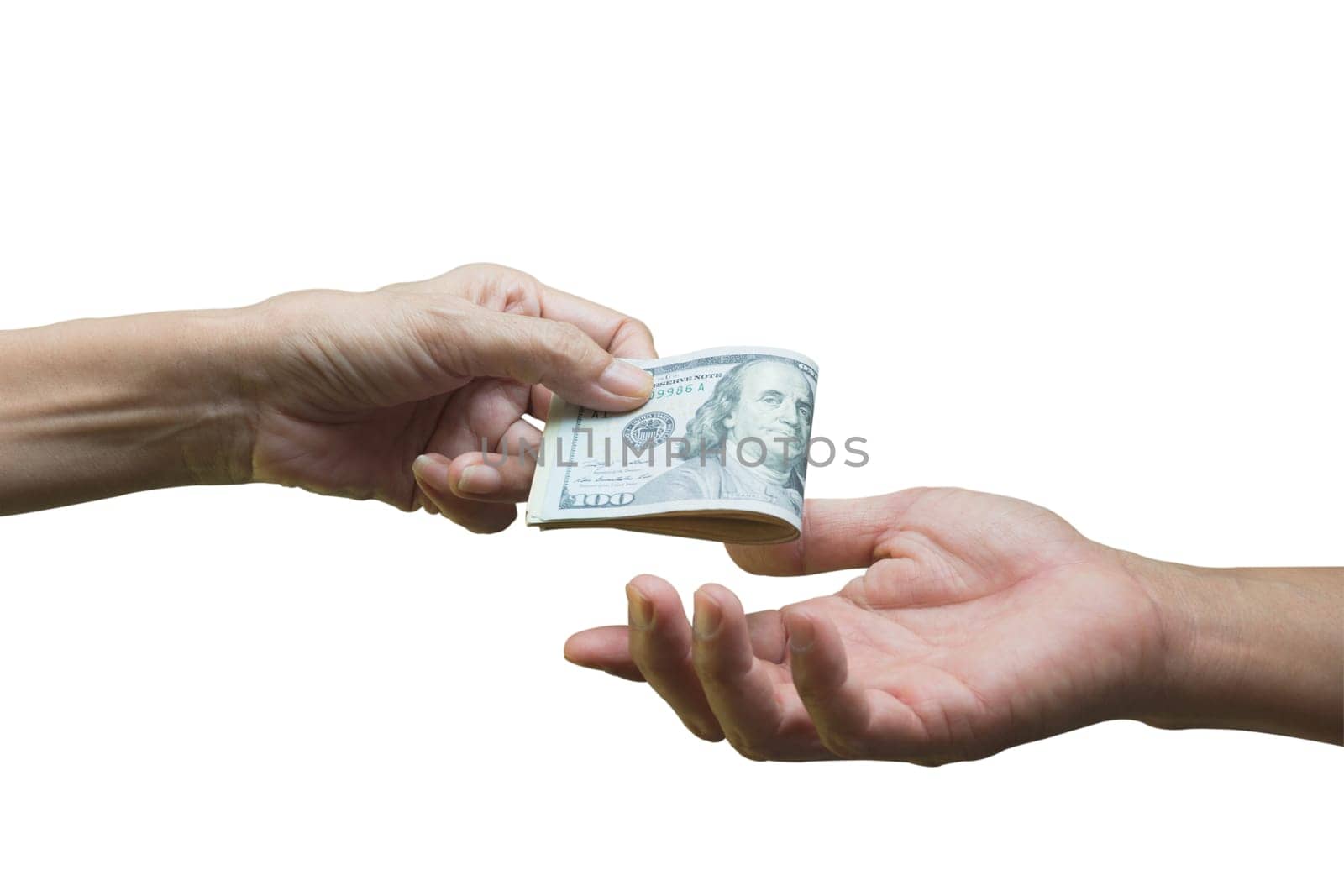 Hand holding a banknote with hands of another person isolated on white background for financial, accounting and saving money concept.