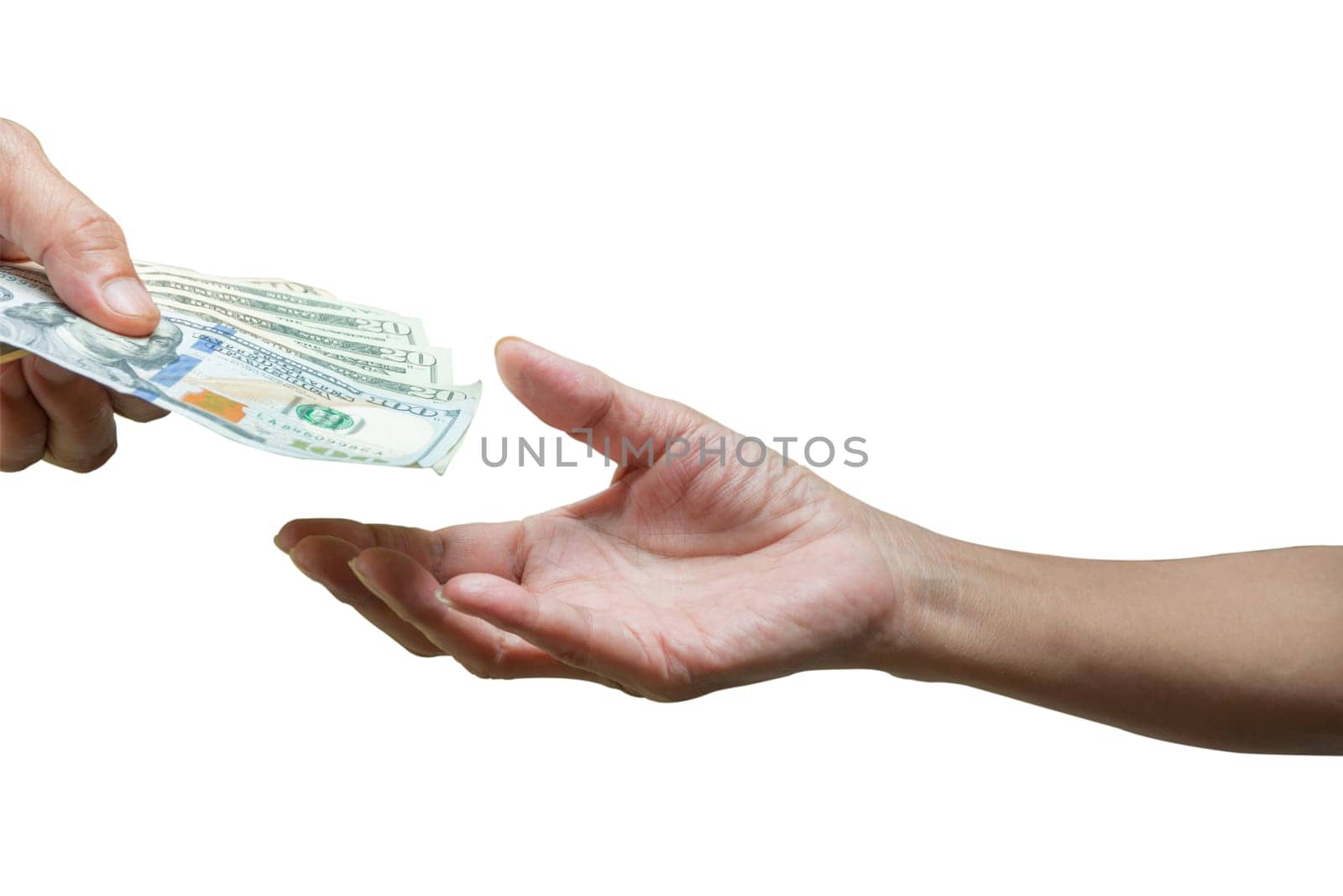 Hand holding a banknote with hands of another person isolated on white background for financial, accounting and saving money concept.