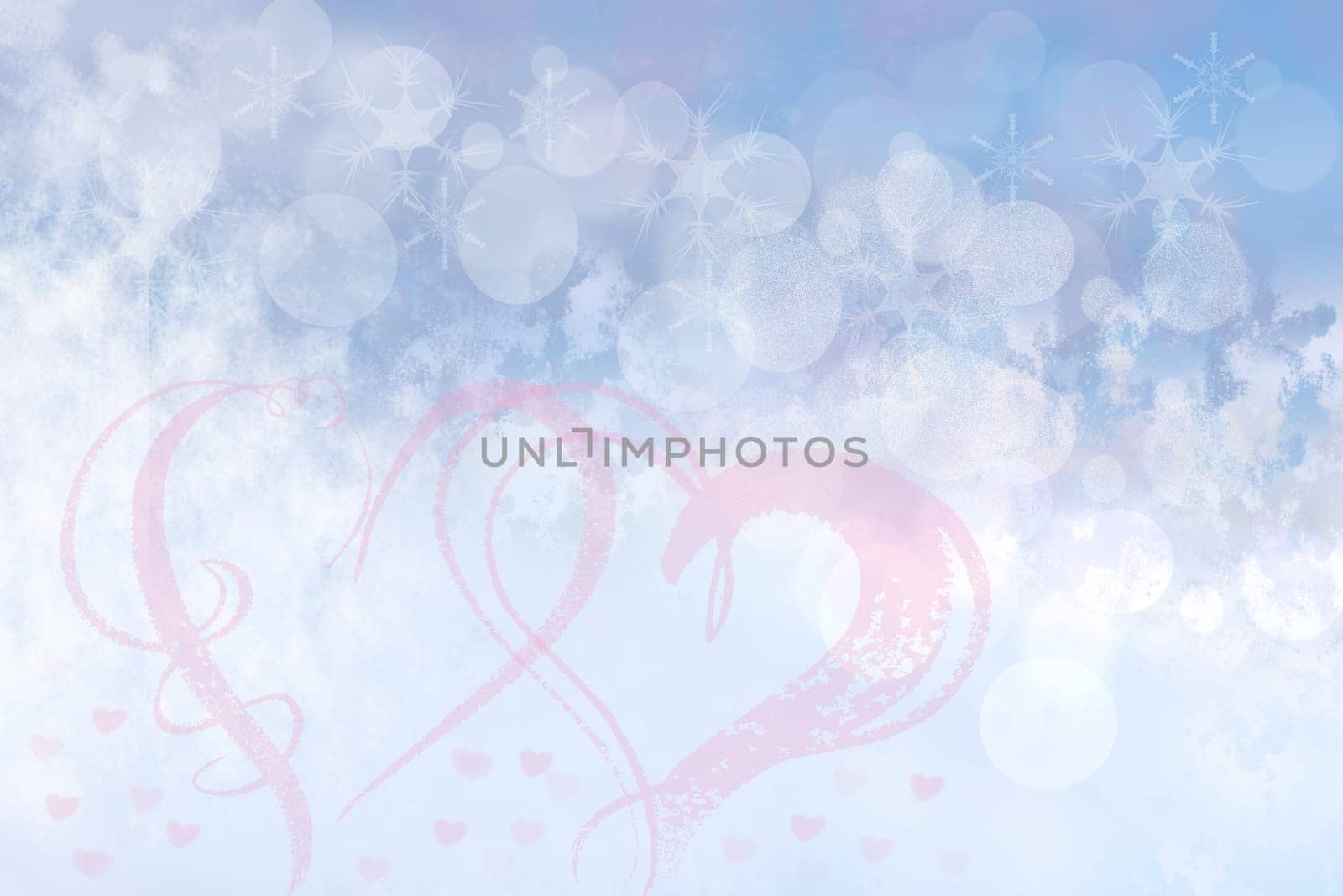 Abstract festive blur bright blue pastel background with pink hearts love bokeh for wedding card or Valentine‘s day.  Romantic textured backdrop with space for your design. Card concept.
