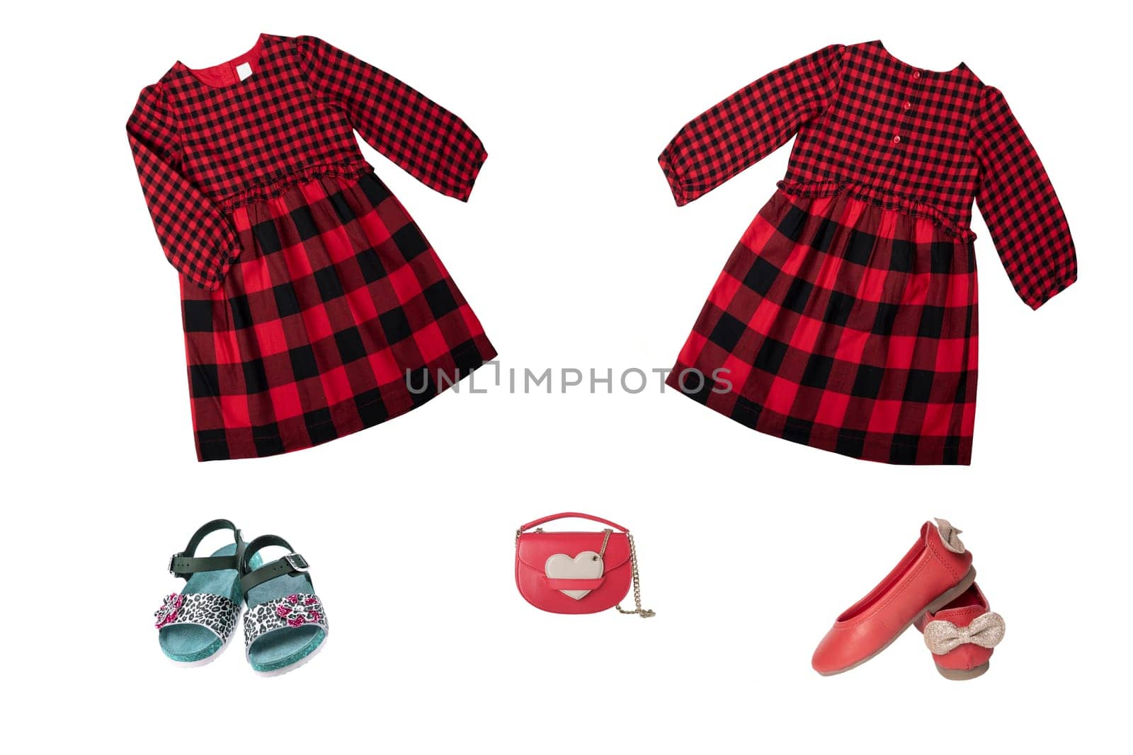 Collage set of children clothes. Red checkered dress and shoes for spring and summer isolated on a white background. Summer fashion. Close up.