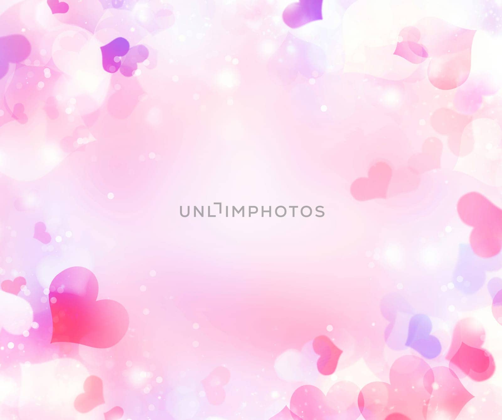 Abstract festive blur bright pink pastel background with colorful hearts love bokeh for wedding card or Valentine‘s day.  Romantic textured backdrop with space for your design. Card concept.