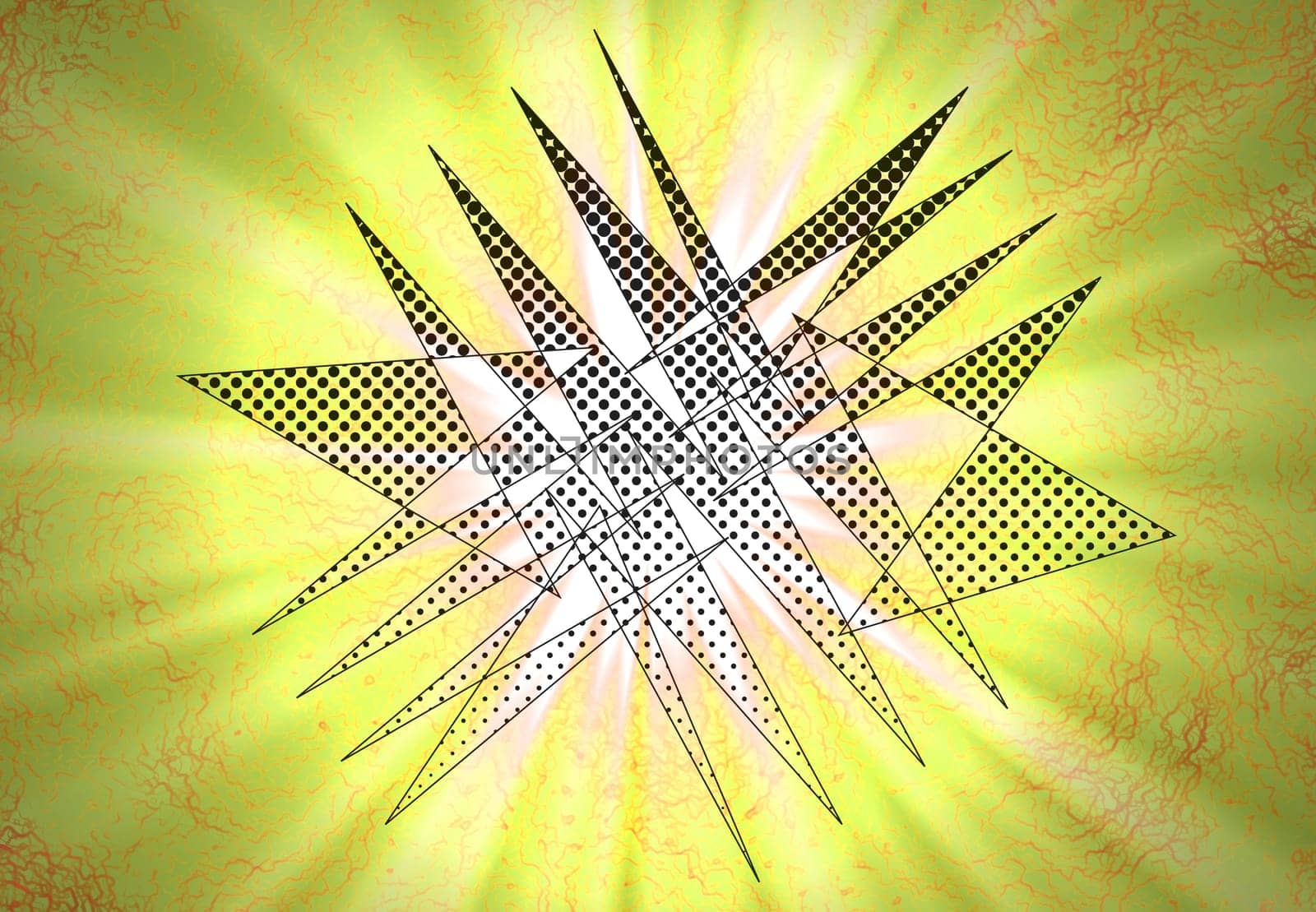 Abstract triangles figures and shining rays of light at the background. 3D rendering