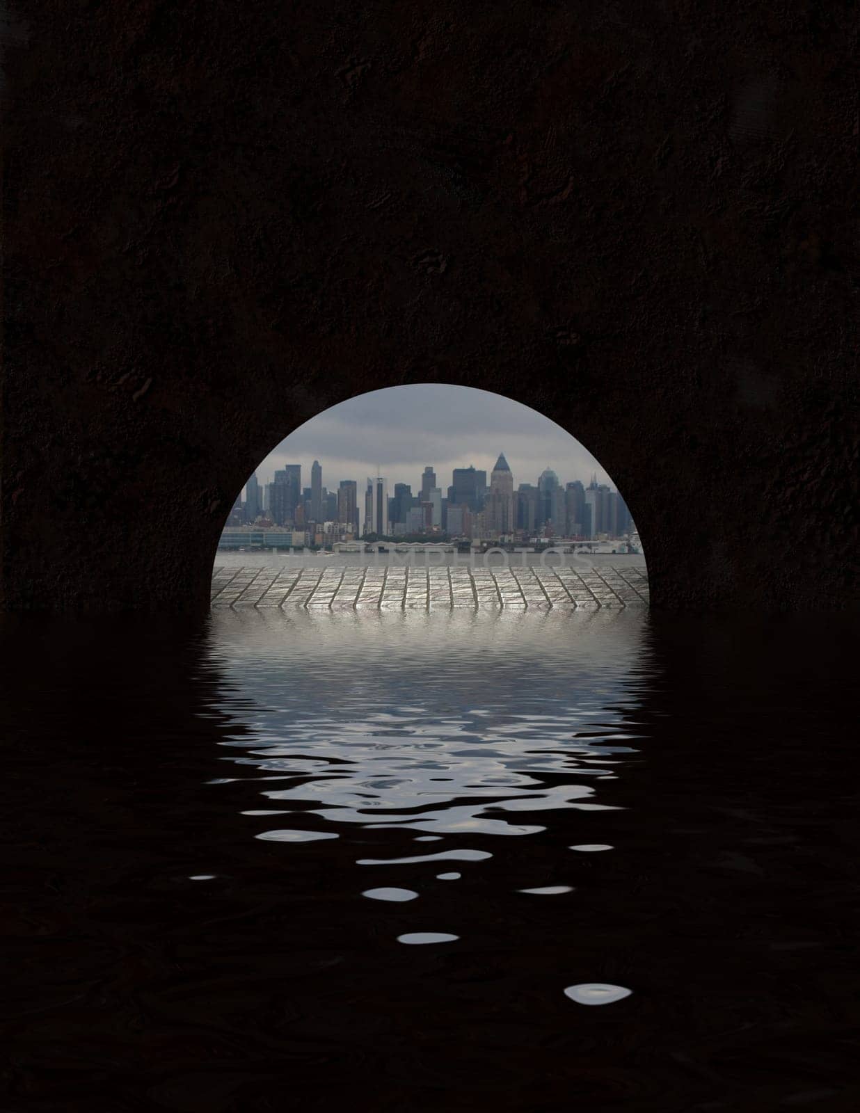 City seen from tunnel opening