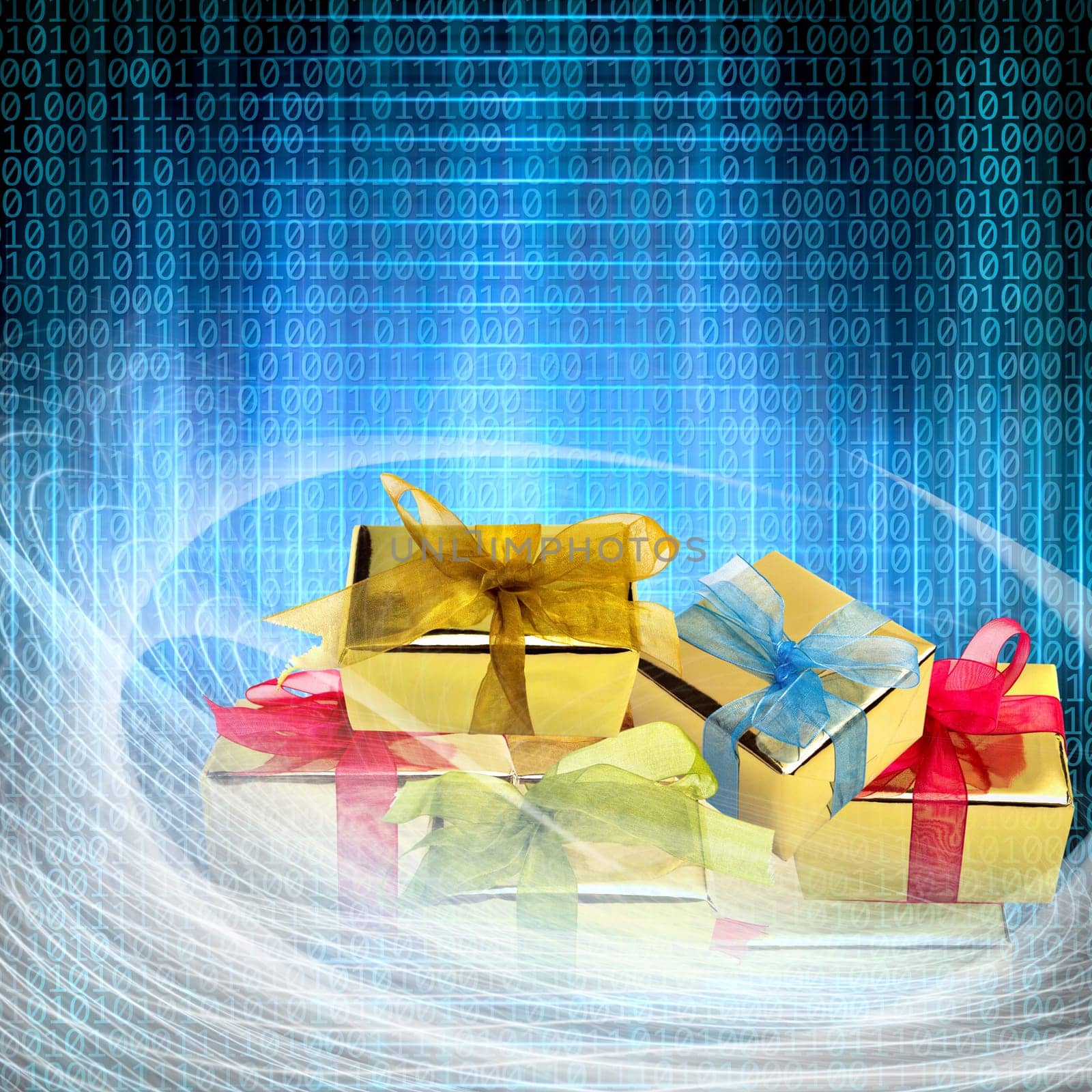 conceptual internet business illustration of binary code and shiny gift boxes