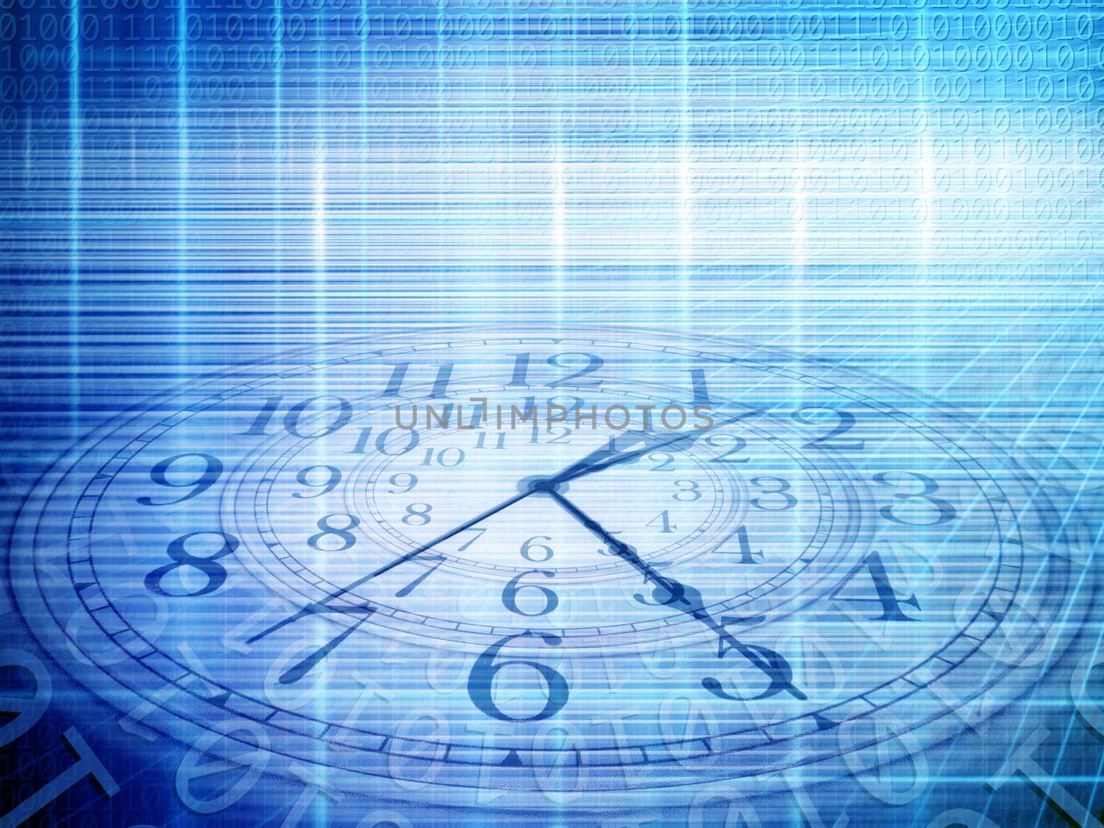 conceptual technology and time image of binary code with clock and abstract lights