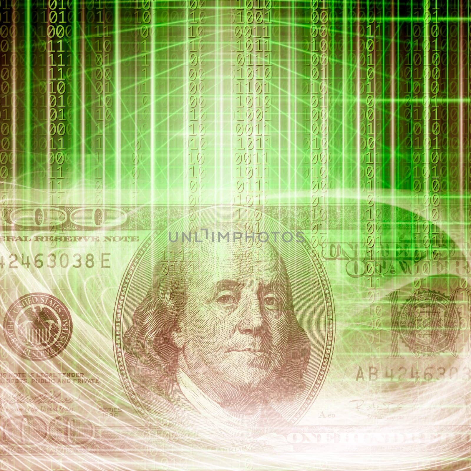 Conceptual internet business image of binary code tecnology with money