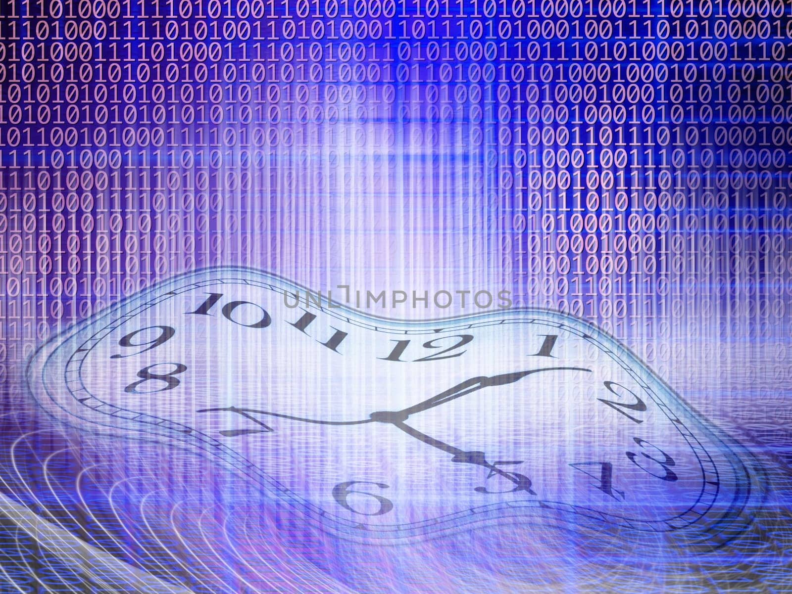 conceptual technology and time image of binary code with clock and abstract lights