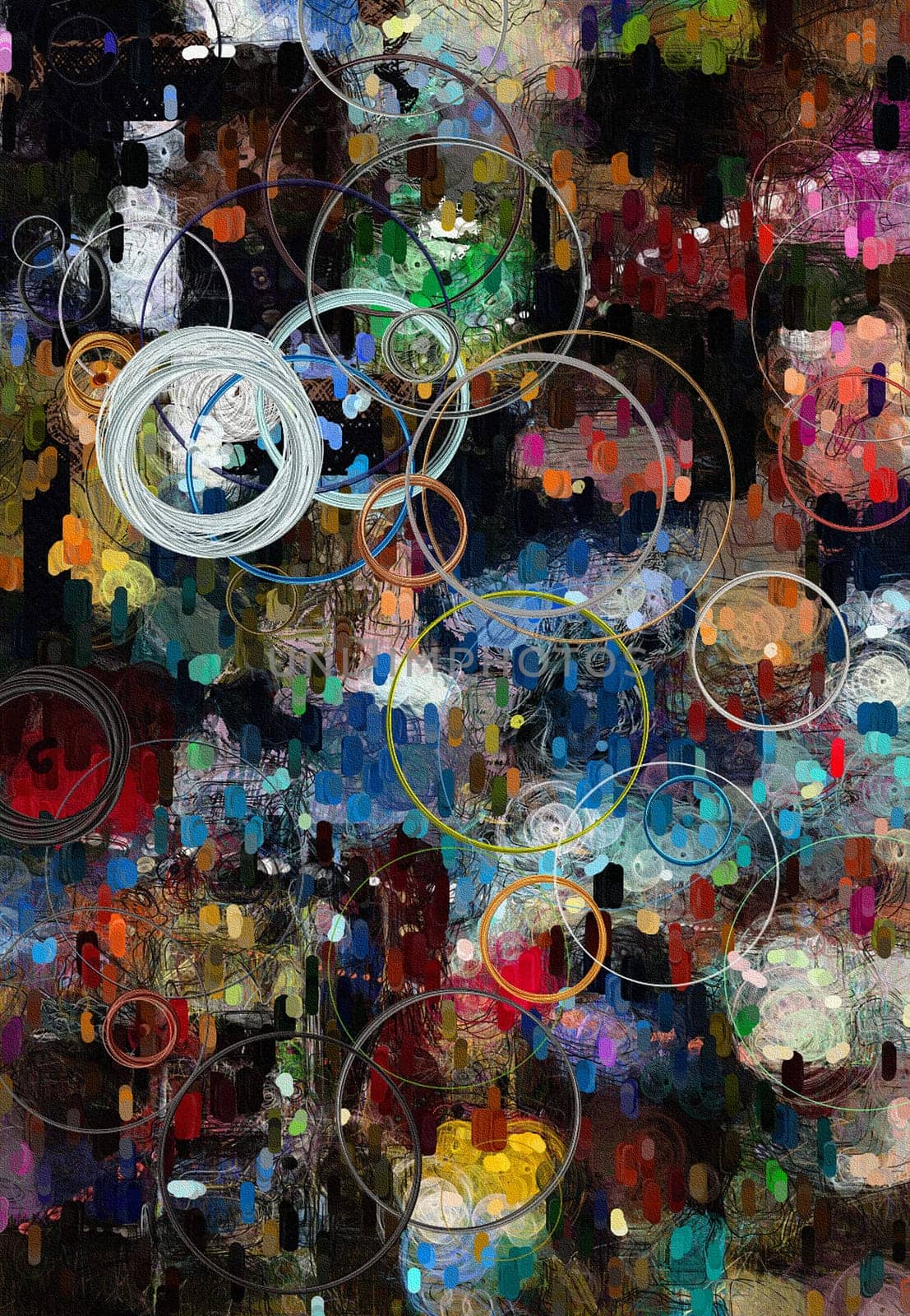 Abstract painting. Paint drops and colorful rings