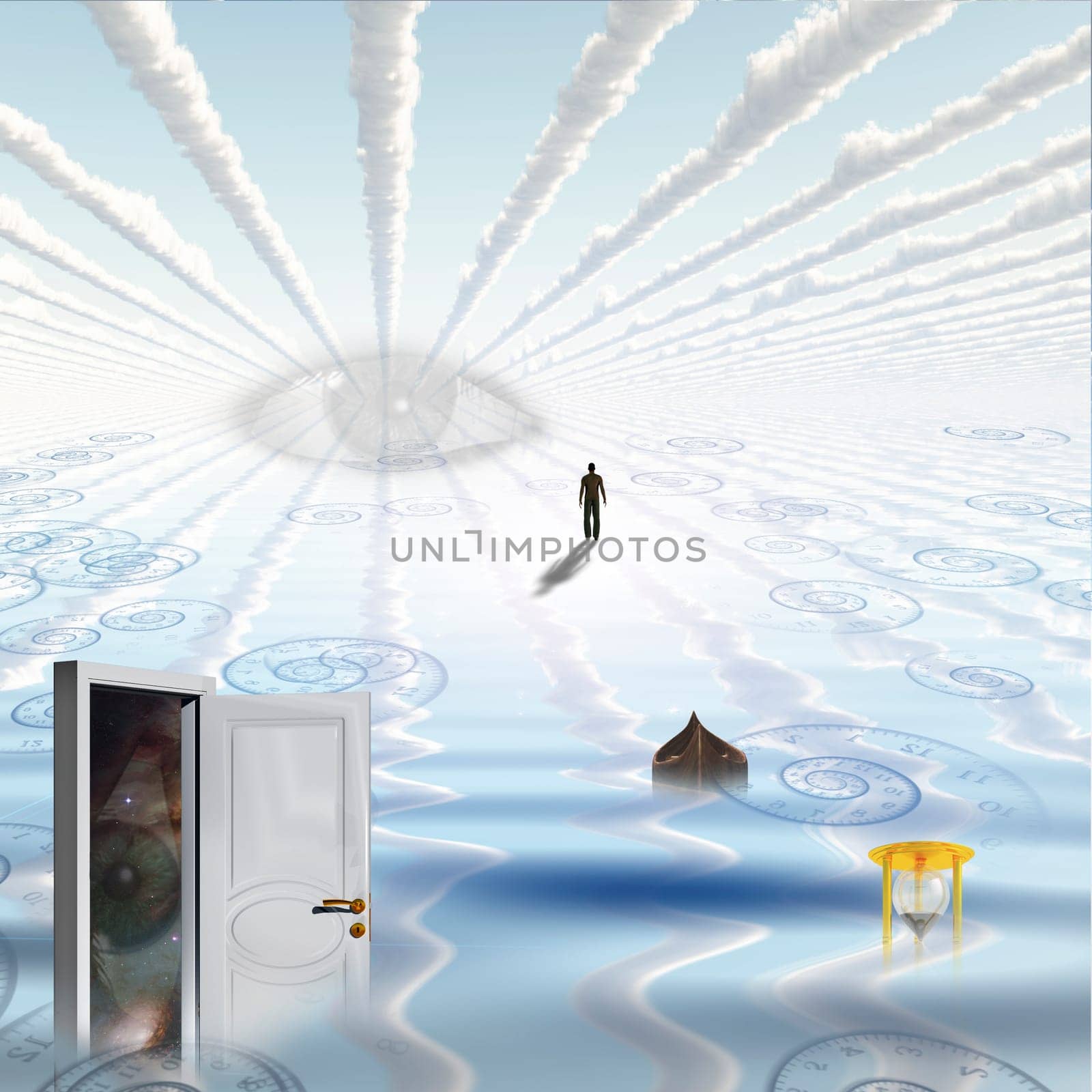 Open door in watery landscape with partially submerged hourglass, an empty boat, human figure walks toward surreal eye.
