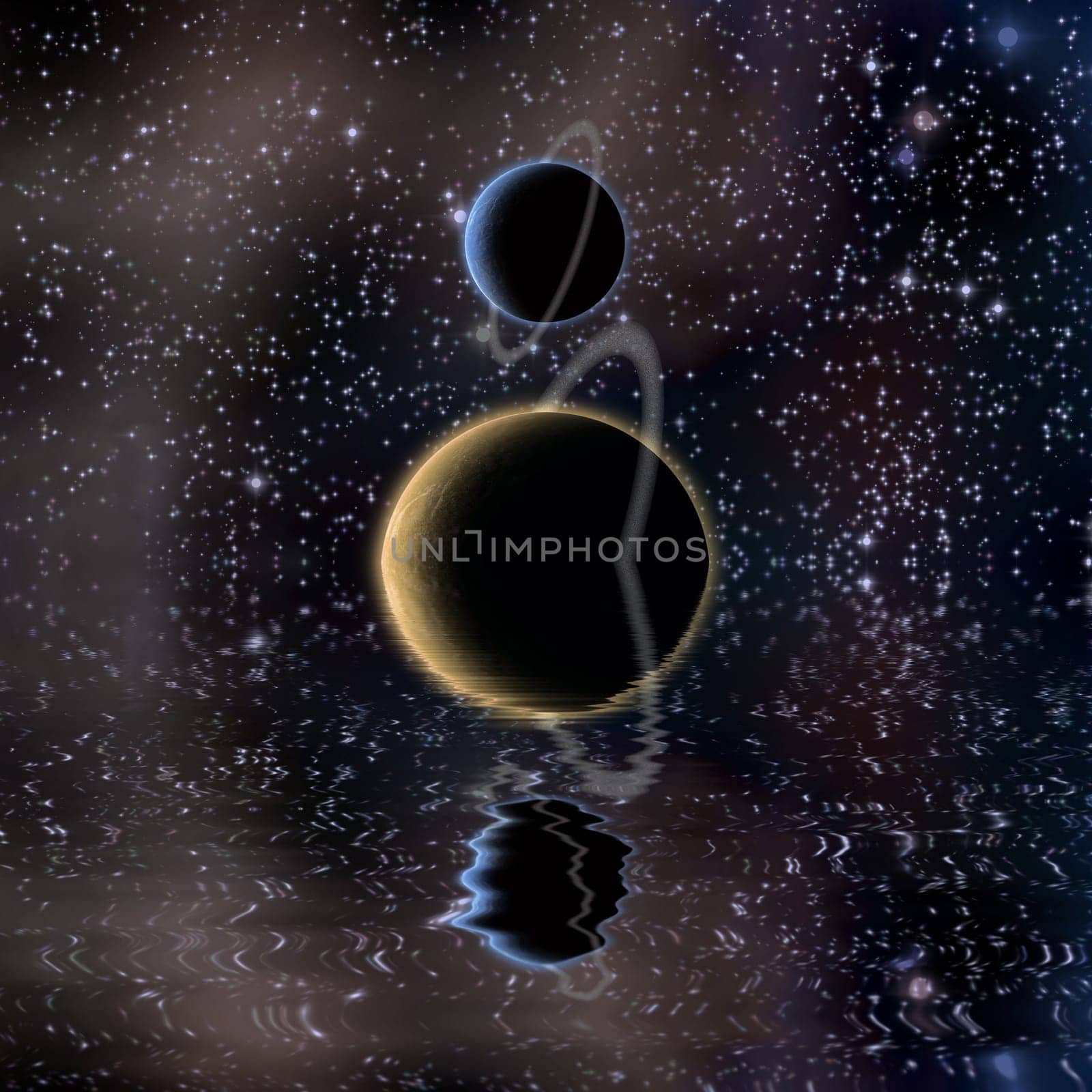 Waters reflection and Planets. Bright stars in deep space