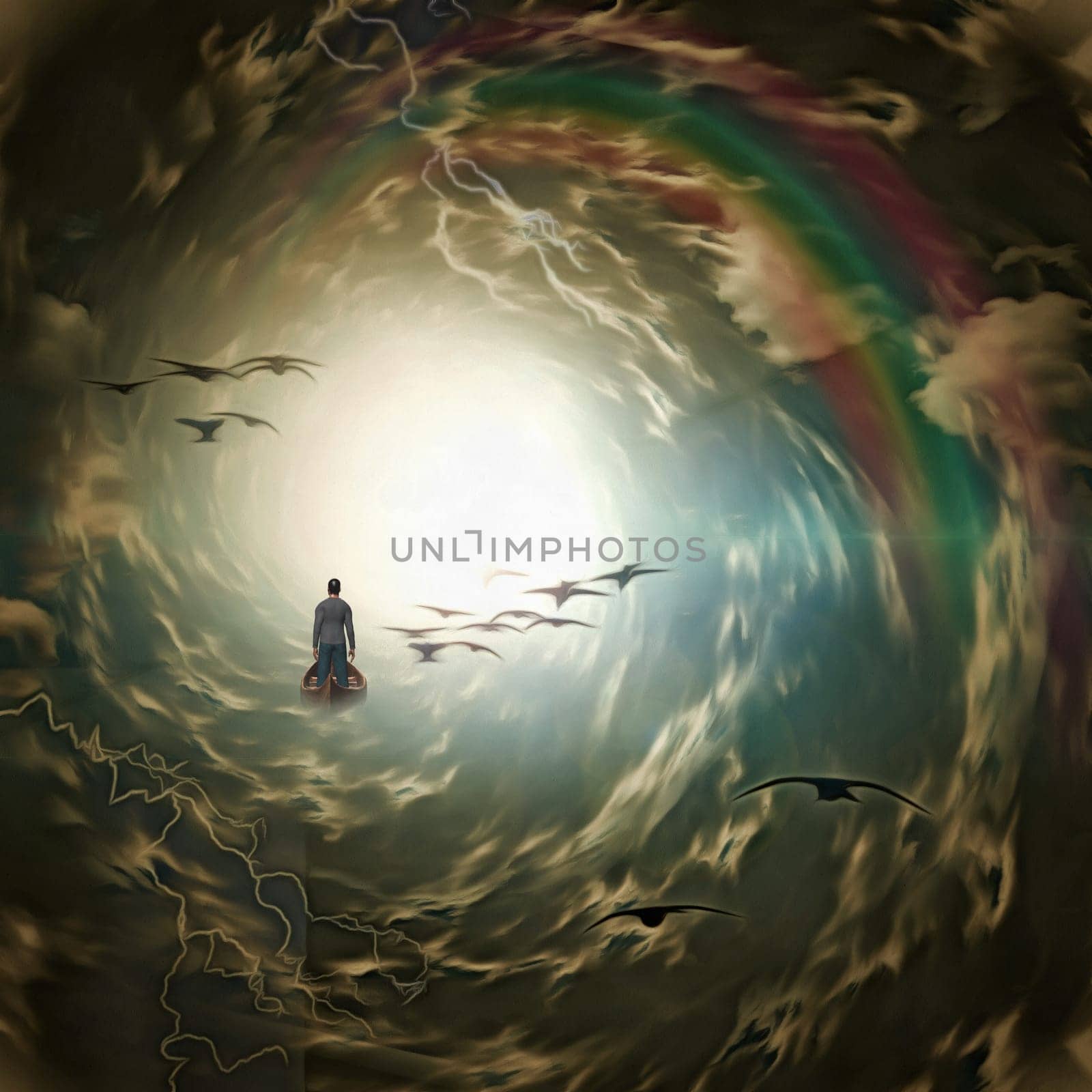 Man in wooden boat. Tunnel of clouds with birds and lightning