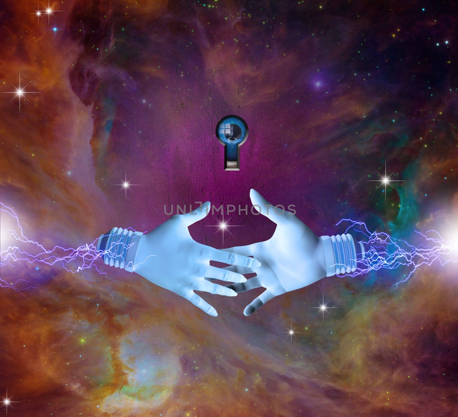 Eye watches electric hands making contact