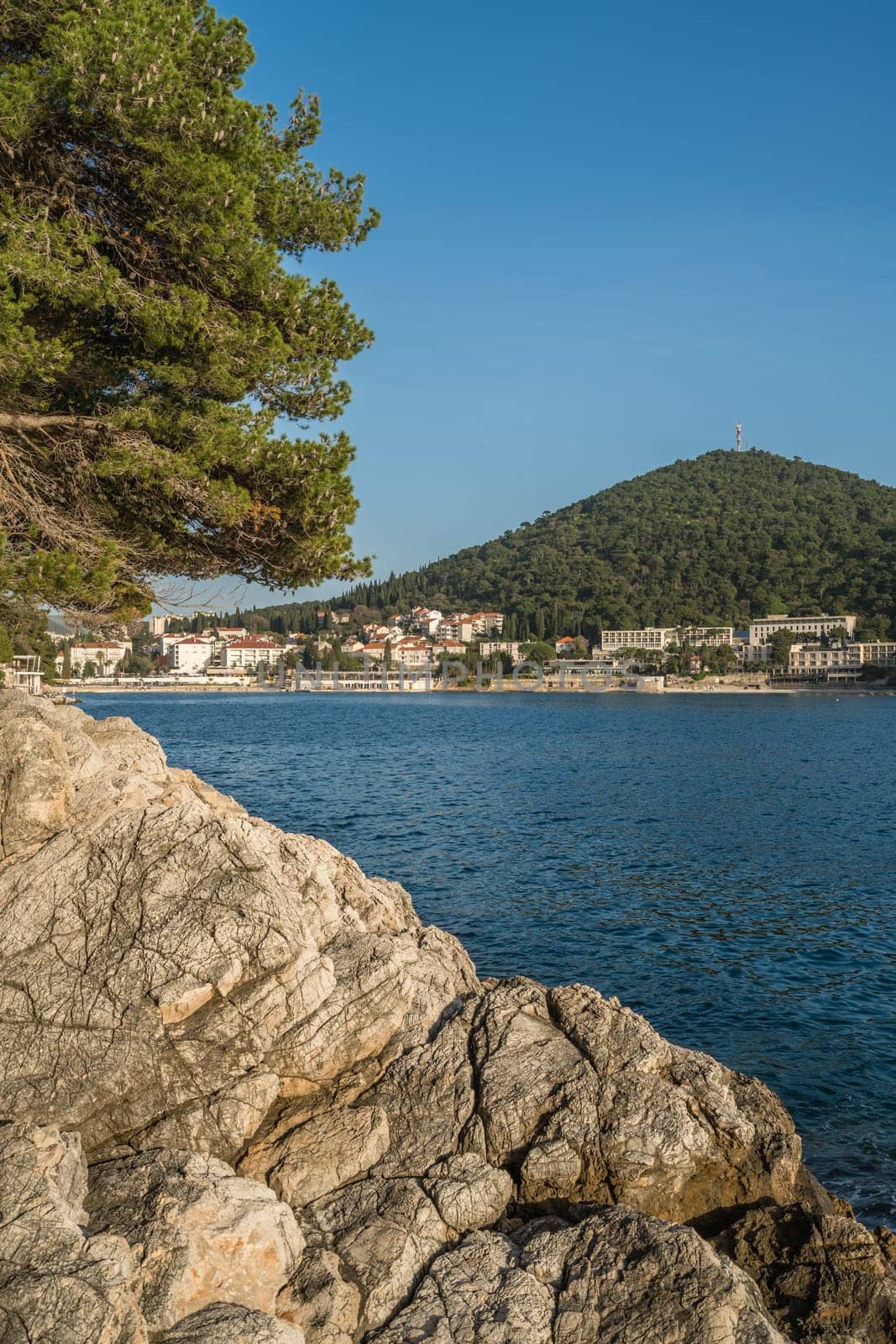 Beautiful rocky Croatian coast in Dubrovnik Lapad area in summer, Croatia