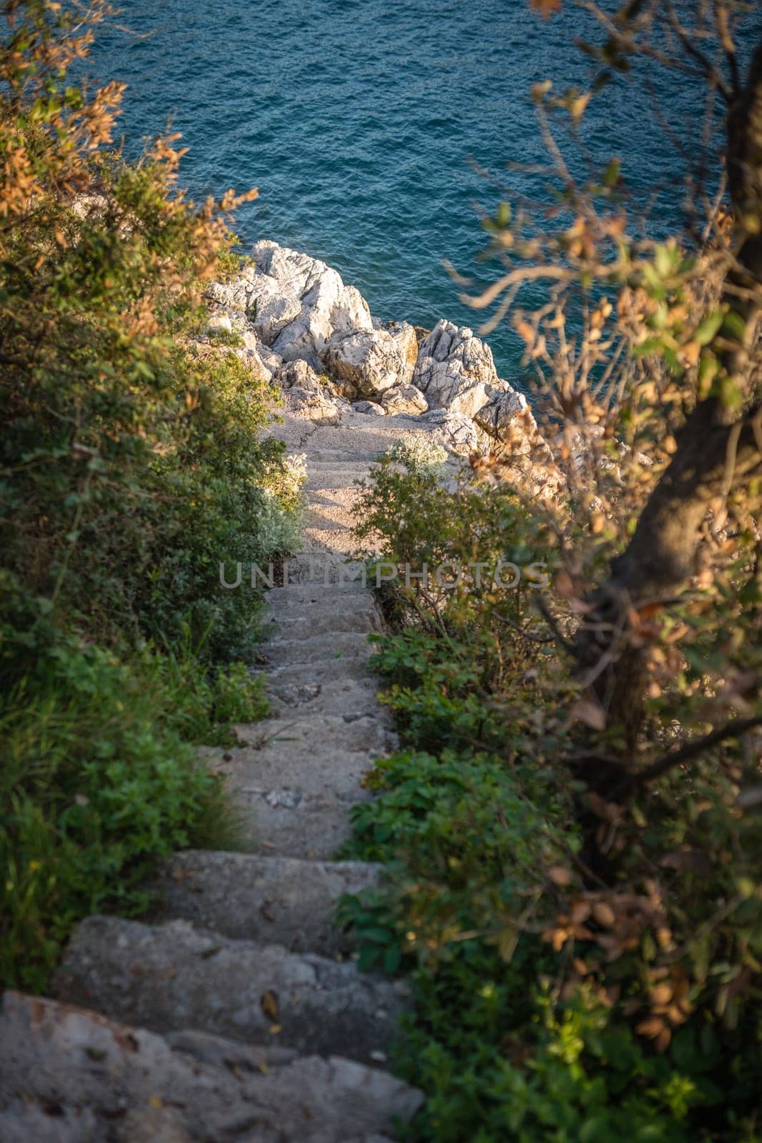 Rocky stairs down to the Croatian coast in Dubrovnik, Croatia