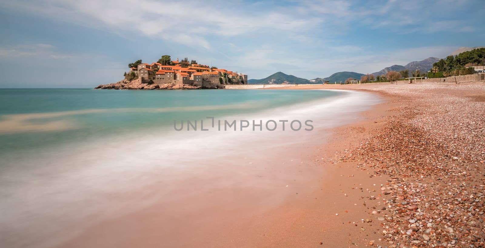 Historical Sveti Stefan old town, currently privately owned, coast of Montenegro