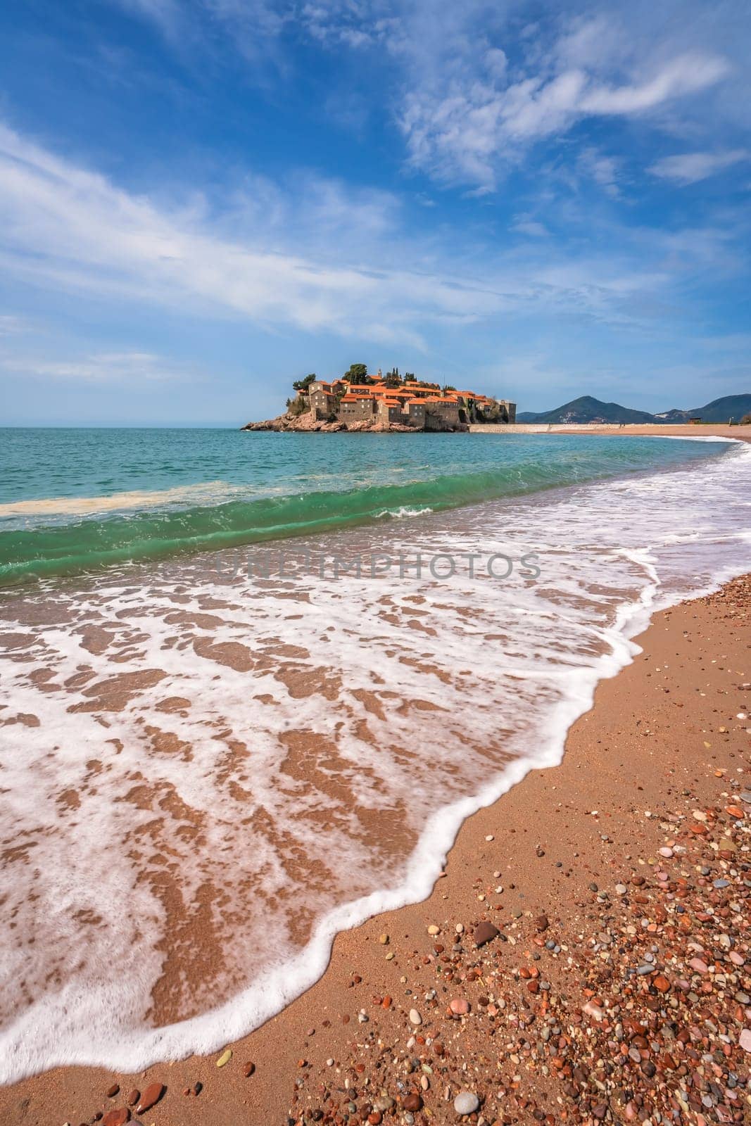 Historical Sveti Stefan old town, currently privately owned, coast of Montenegro