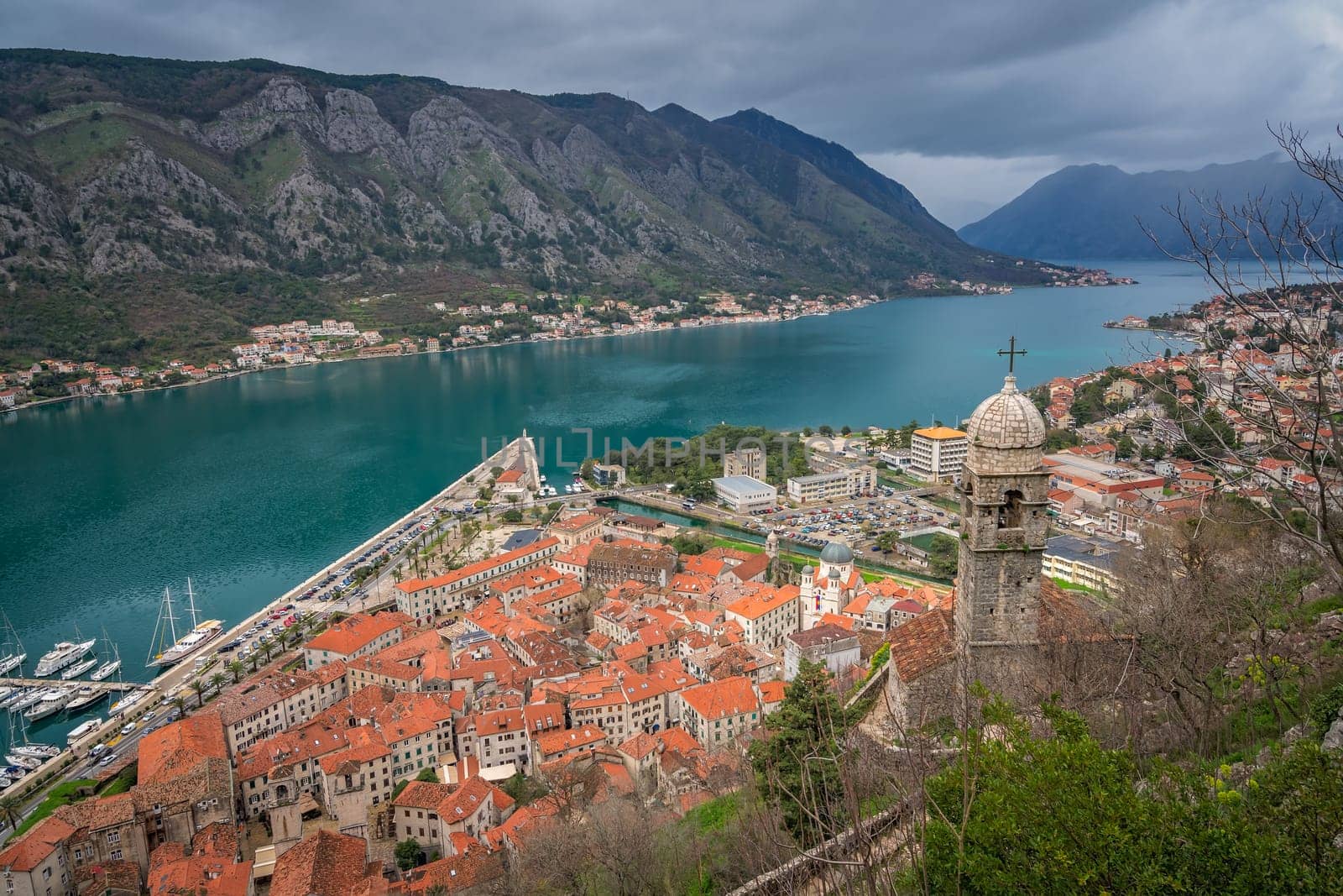 Panoramic view of the Kotor Bay and Old Town houses in Kotor city, Montenegro