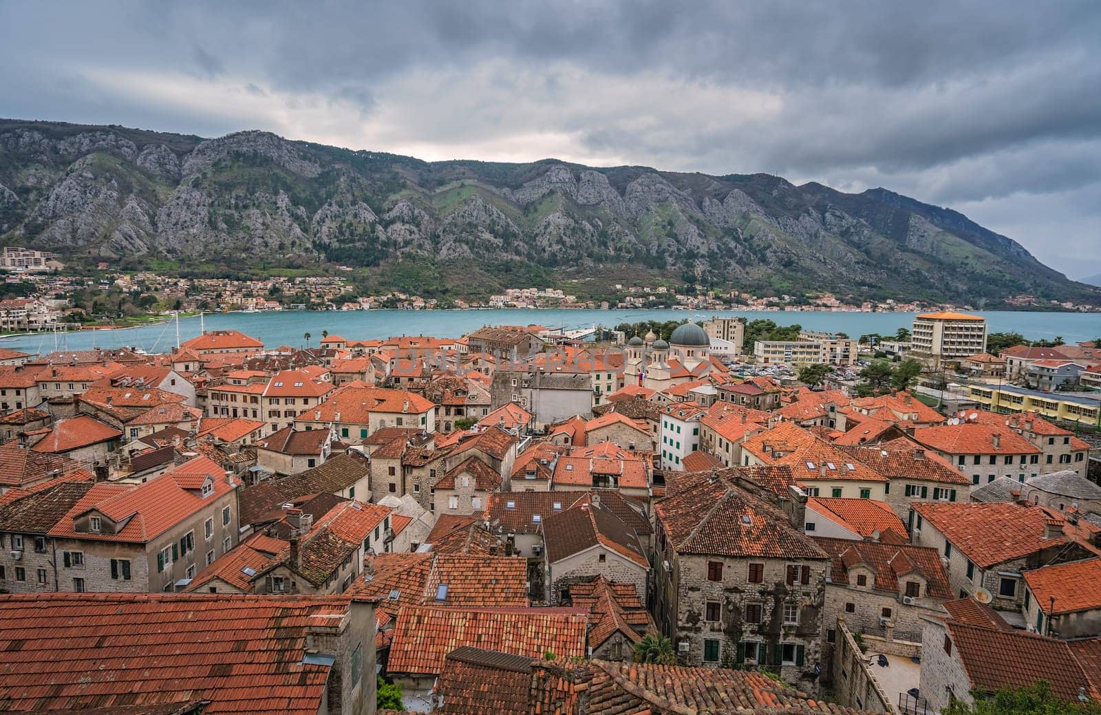 Red tiled rooftops of the Old Town houses in historical Kotor city, Montenegro