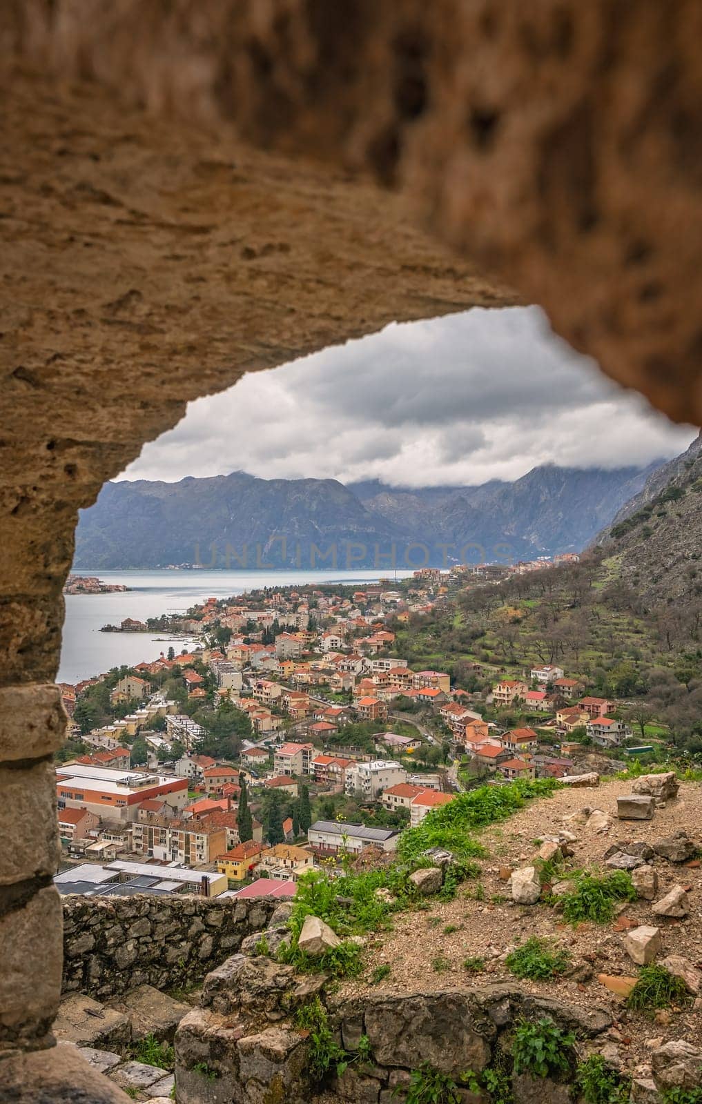 View of the Kotor Bay and Old Town housesfrom the small chapel on the hillside above, Montenegro