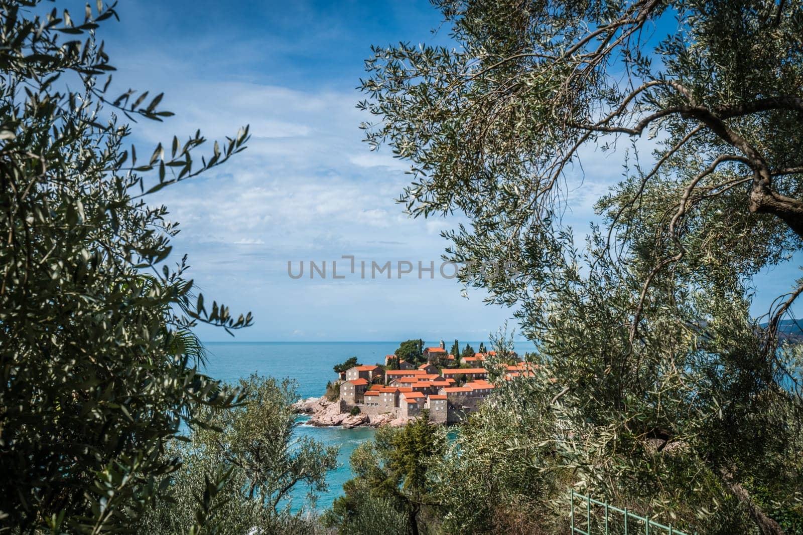 Historical Sveti Stefan old town, currently privately owned, coast of Montenegro