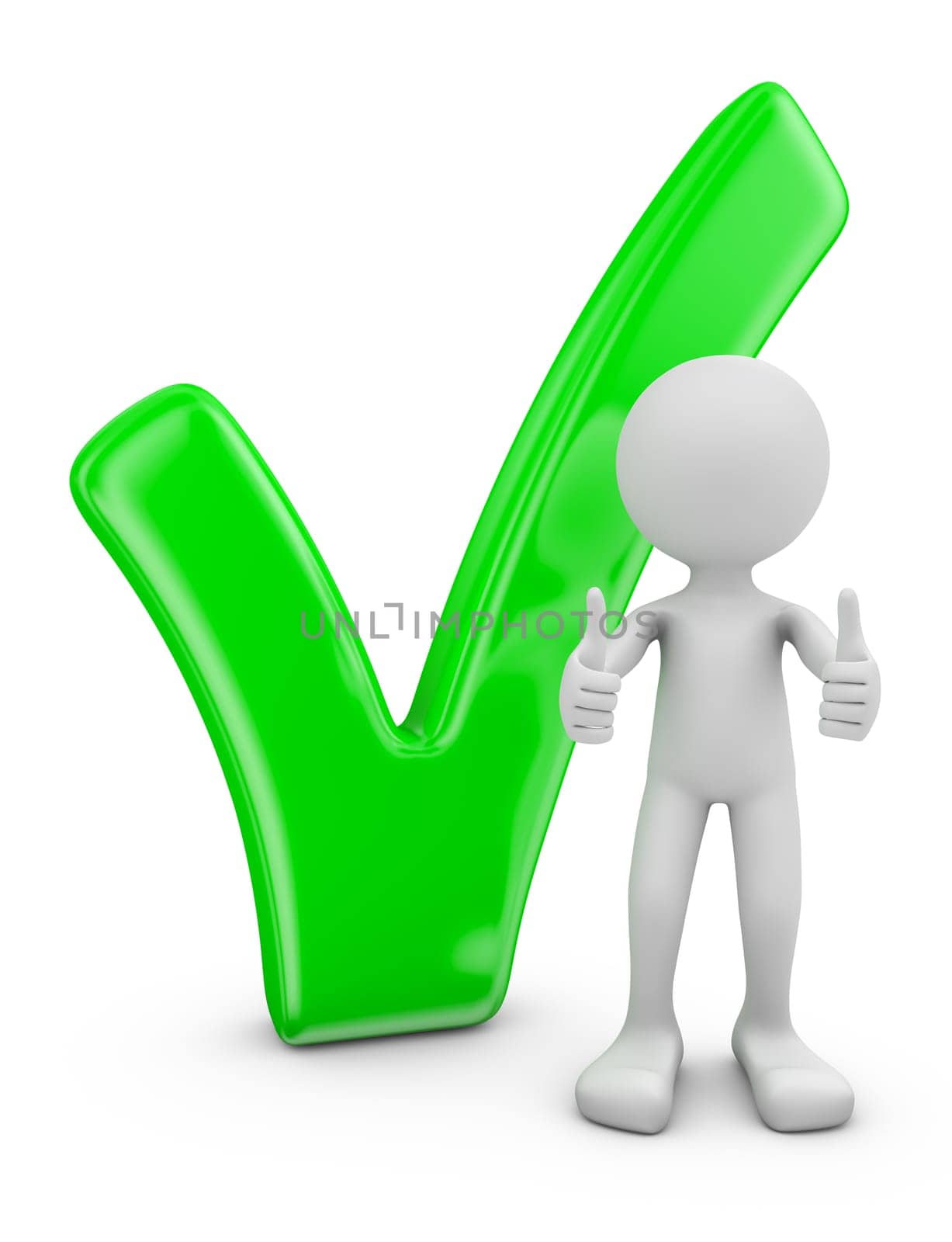man and green volumetric check mark  on a white background. 3d render
