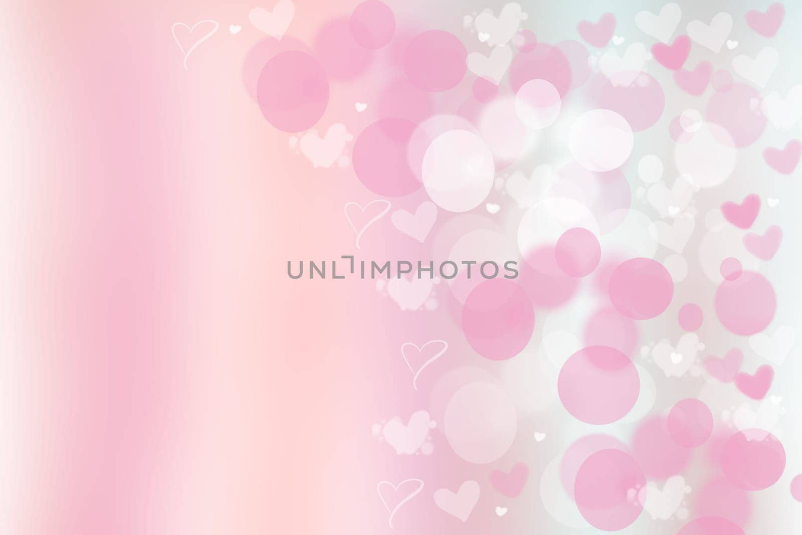 Abstract festive blur bright pink pastel background with white and pink hearts love bokeh for valentine or wedding card. Space for design. Card concept.