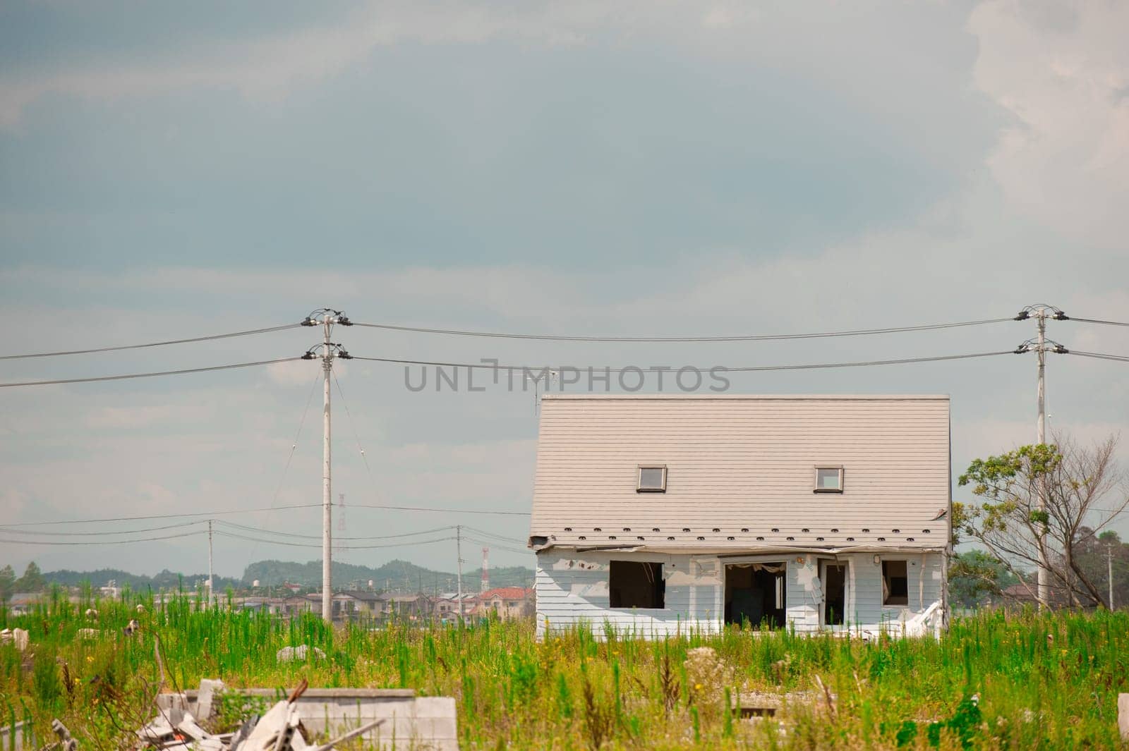 House after Fukushima Tsunami Disaster in Ishinomaki, Japan. Fukushima Tsunami disaster happened on March 11 in 2011.