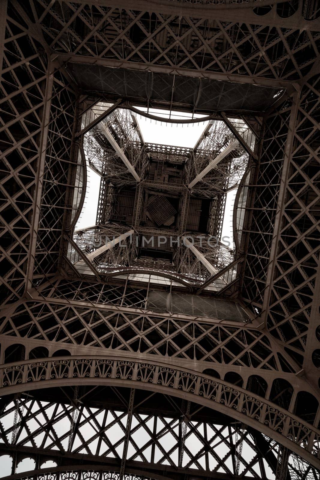 Underneath the Eiffel Tower in Paris, France.