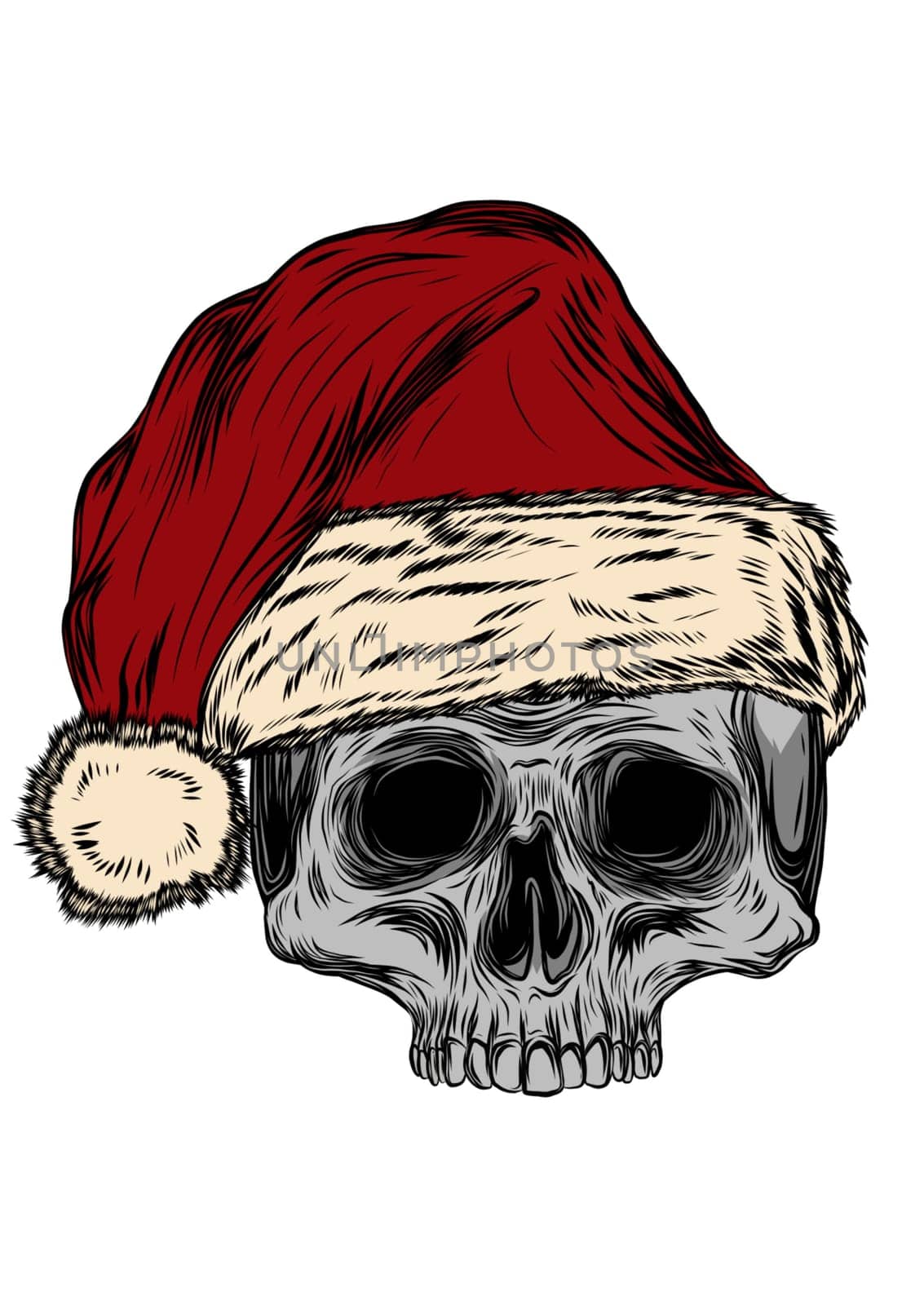 The skull of Santa Claus in the background of the branches of the mistletoe and crossed candies. Santa claus skull. Cartoon skull.