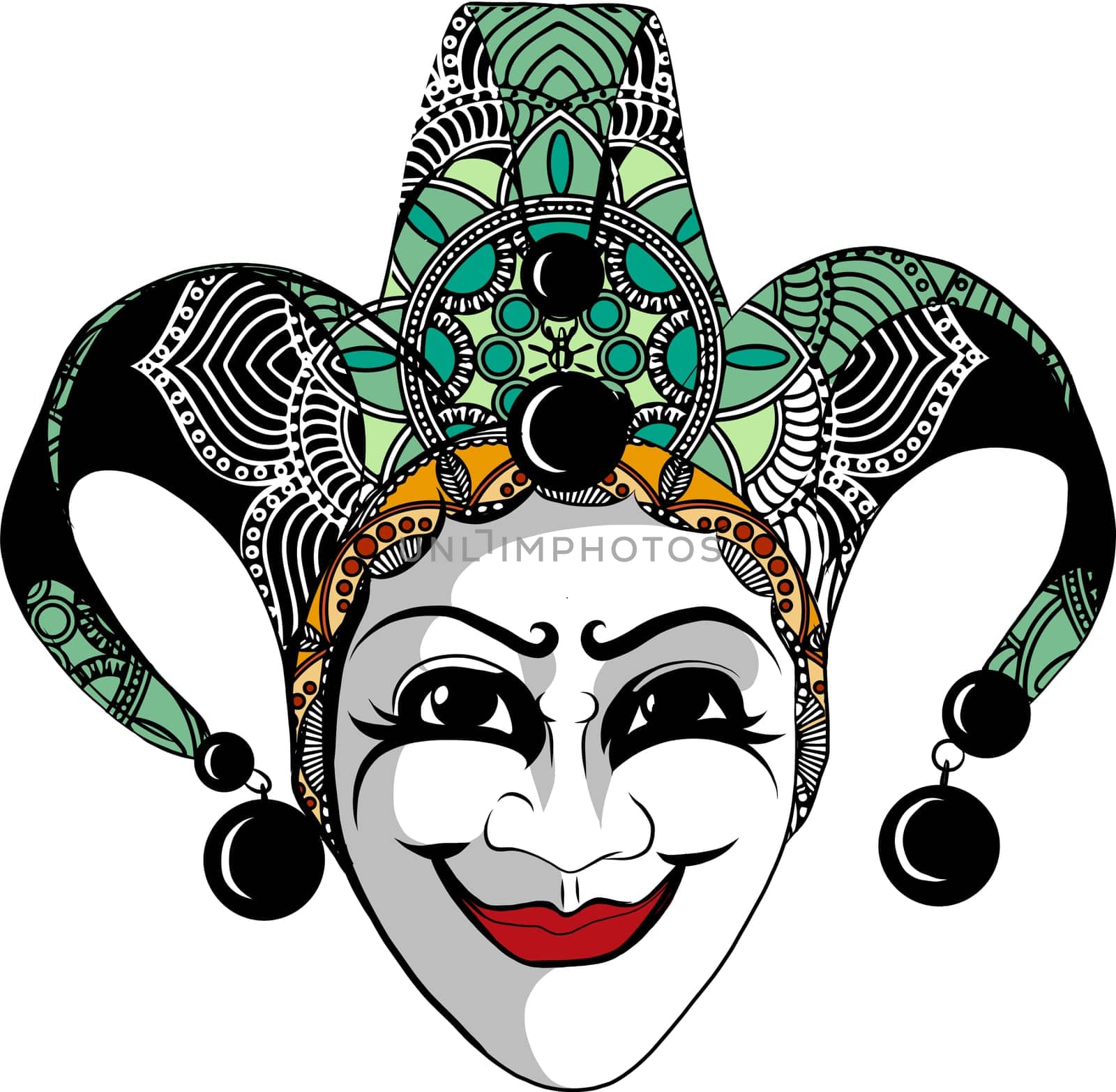 Decorated Venetian carnival, jester mask with bells and golden glitter, sketch style vector illustration isolated on white background.