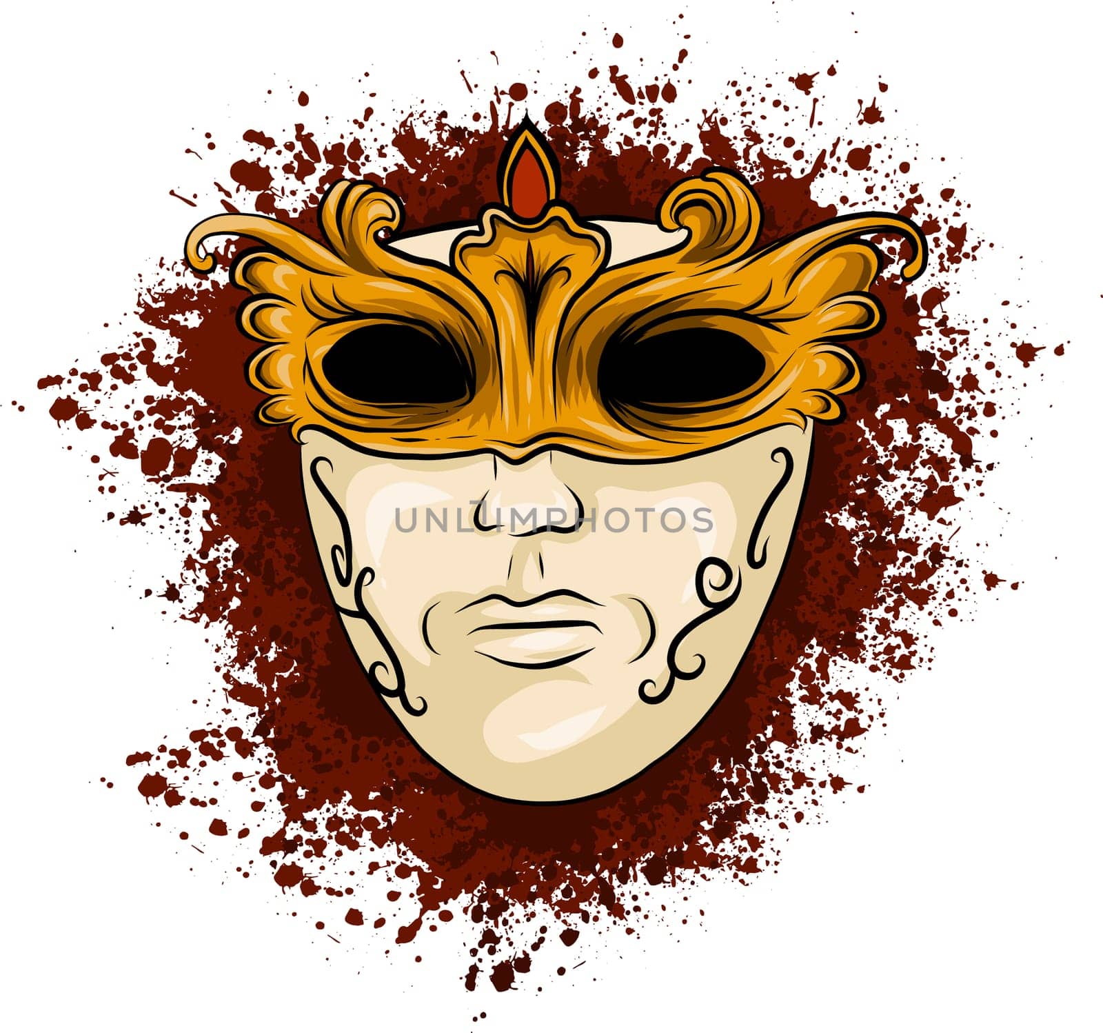 vector illustration of carnival golden mask for theater and festivals, colorful bright Venetian mask decorated with floral ornaments on white background for design