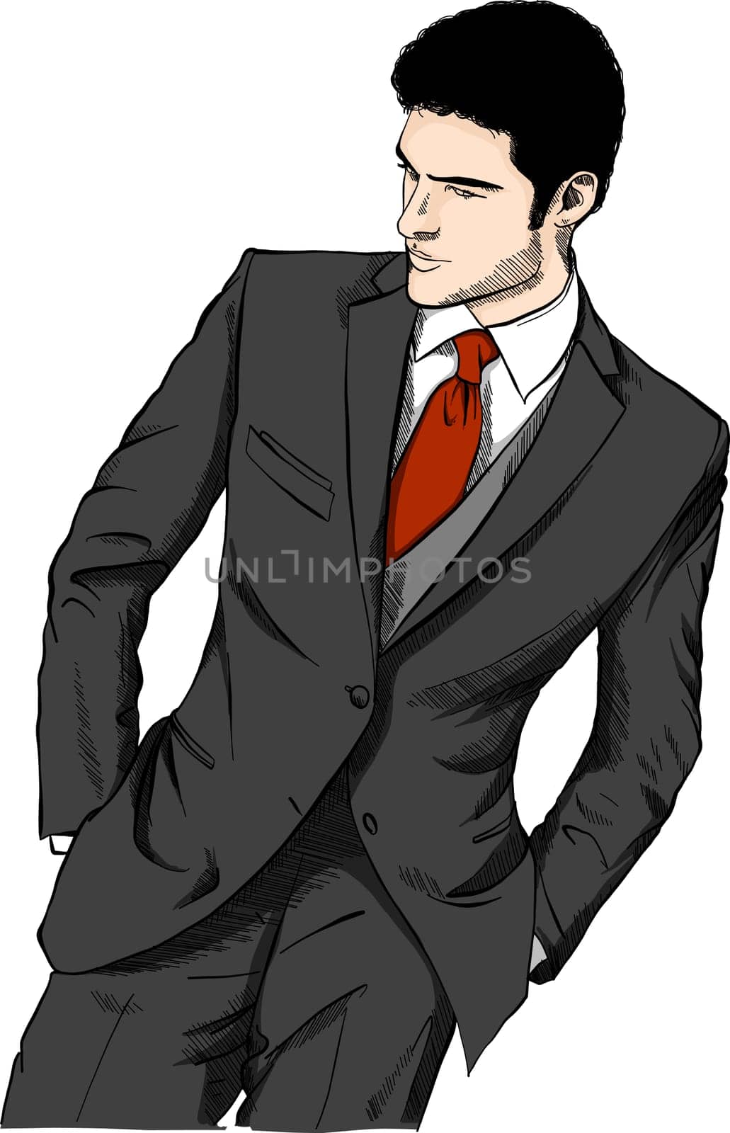 Smiling businessman shows the thumb up. illustration.
