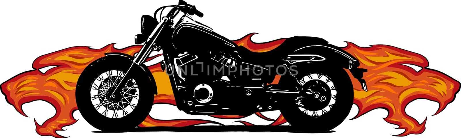Dramatic burning motorcycle engulfed in fierce fiery orange flames and exploding sparks