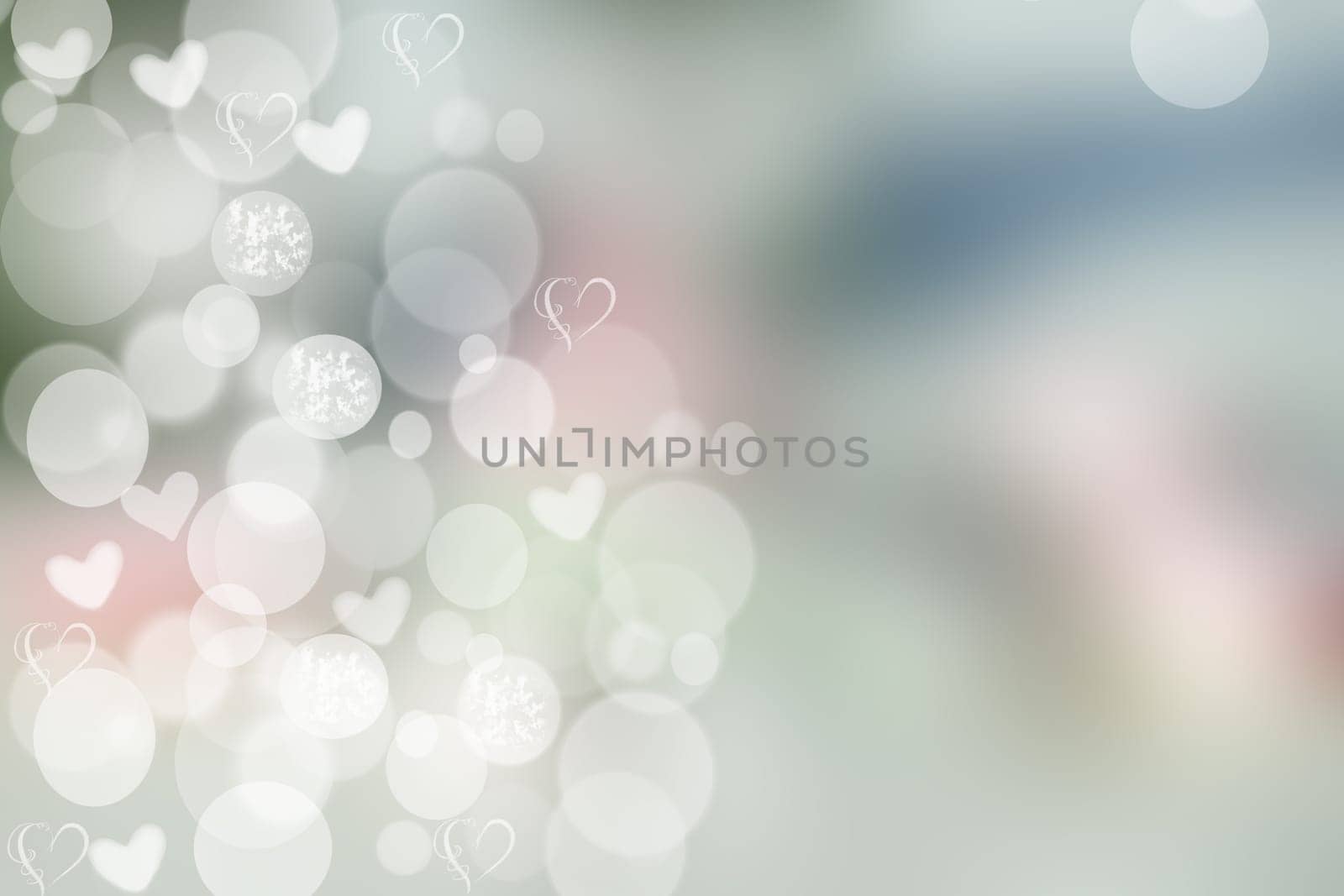 Abstract festive blur bright pastel colored background with white hearts love bokeh for valentine or wedding card. Space for design. Card concept.