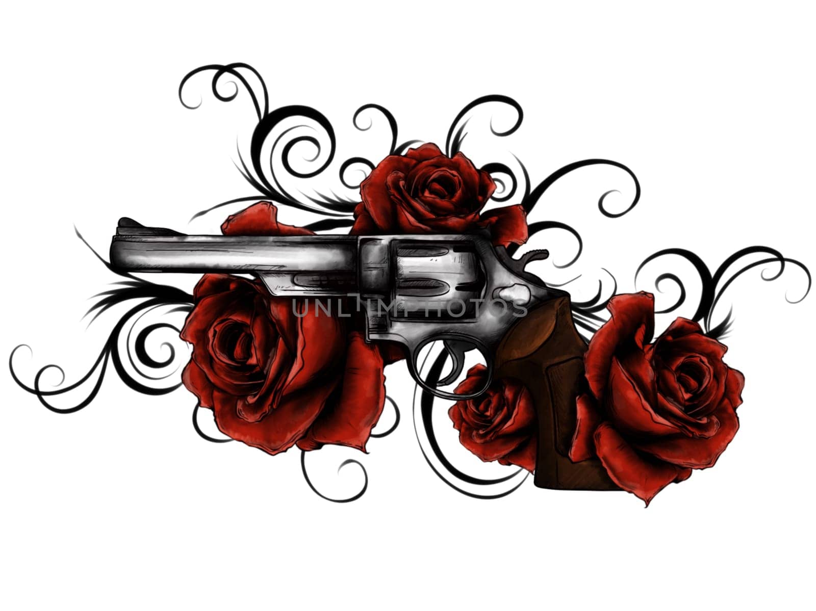 illustration of guns on the flower and ornaments floral