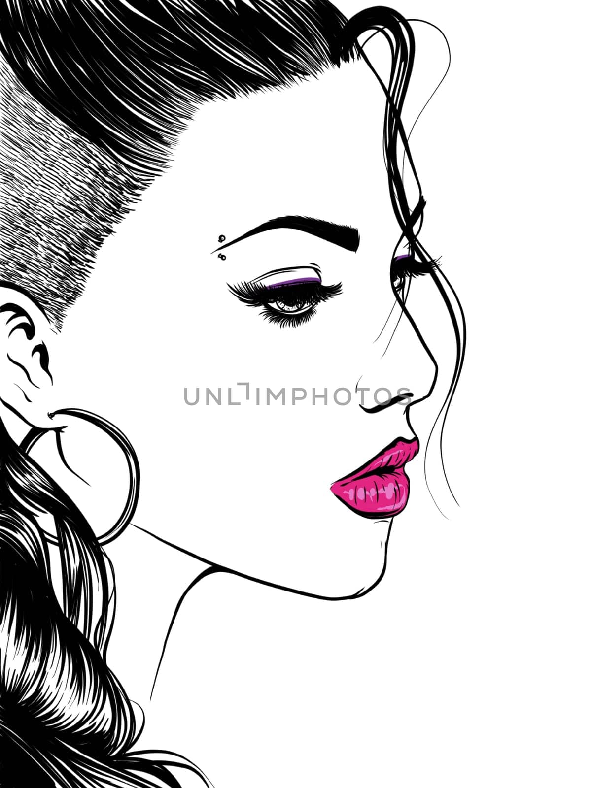 Attractive dreamy women with high gorgeous hairdo, hand drown detailed  illustration isolated on the white background