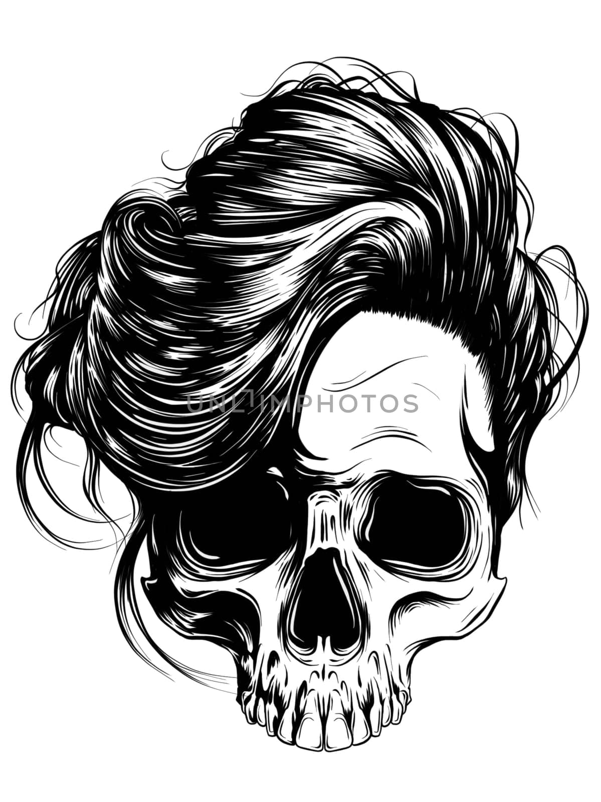 black and white illustration of human skull with a lower jaw in ink hand drawn