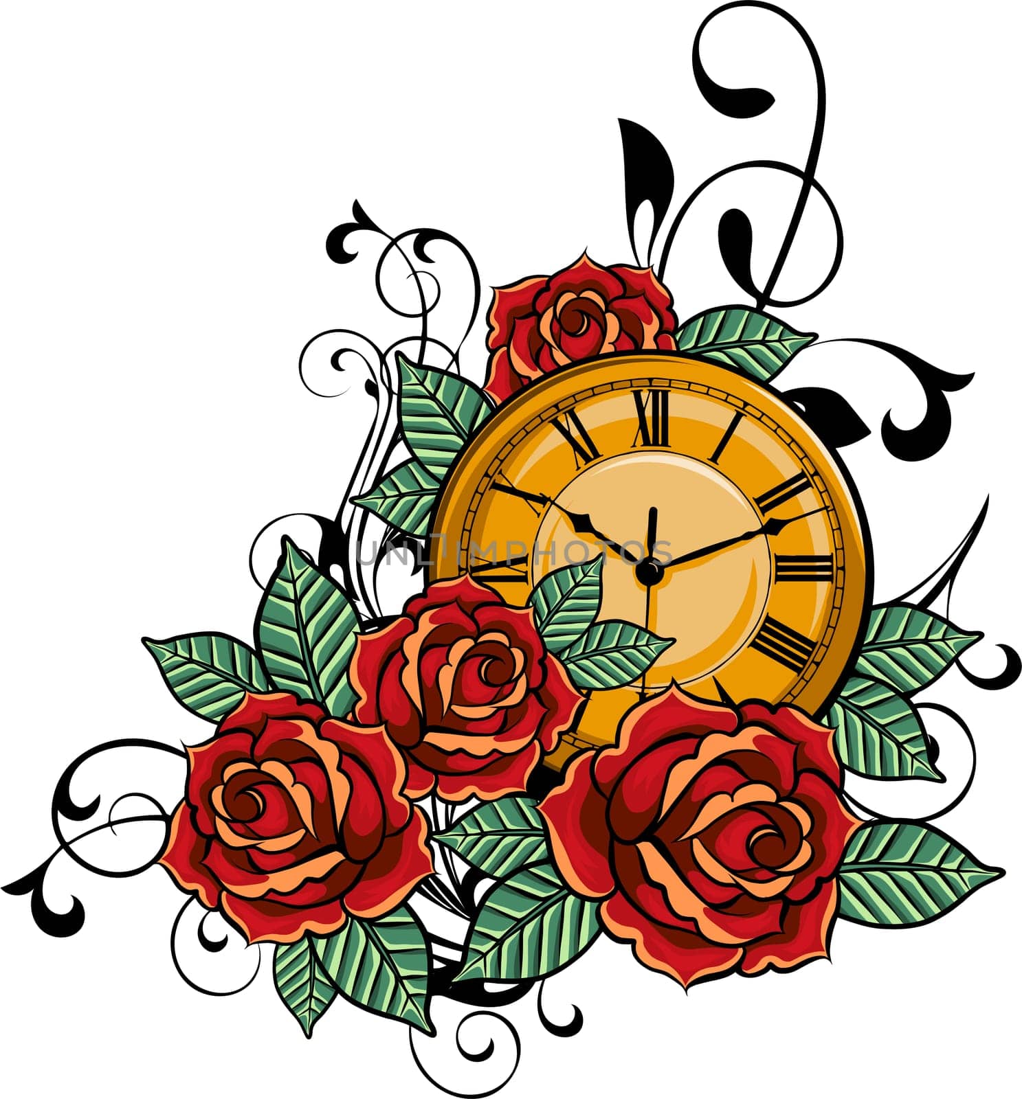 Vintage pocket watch with a pattern in roses and ornaments