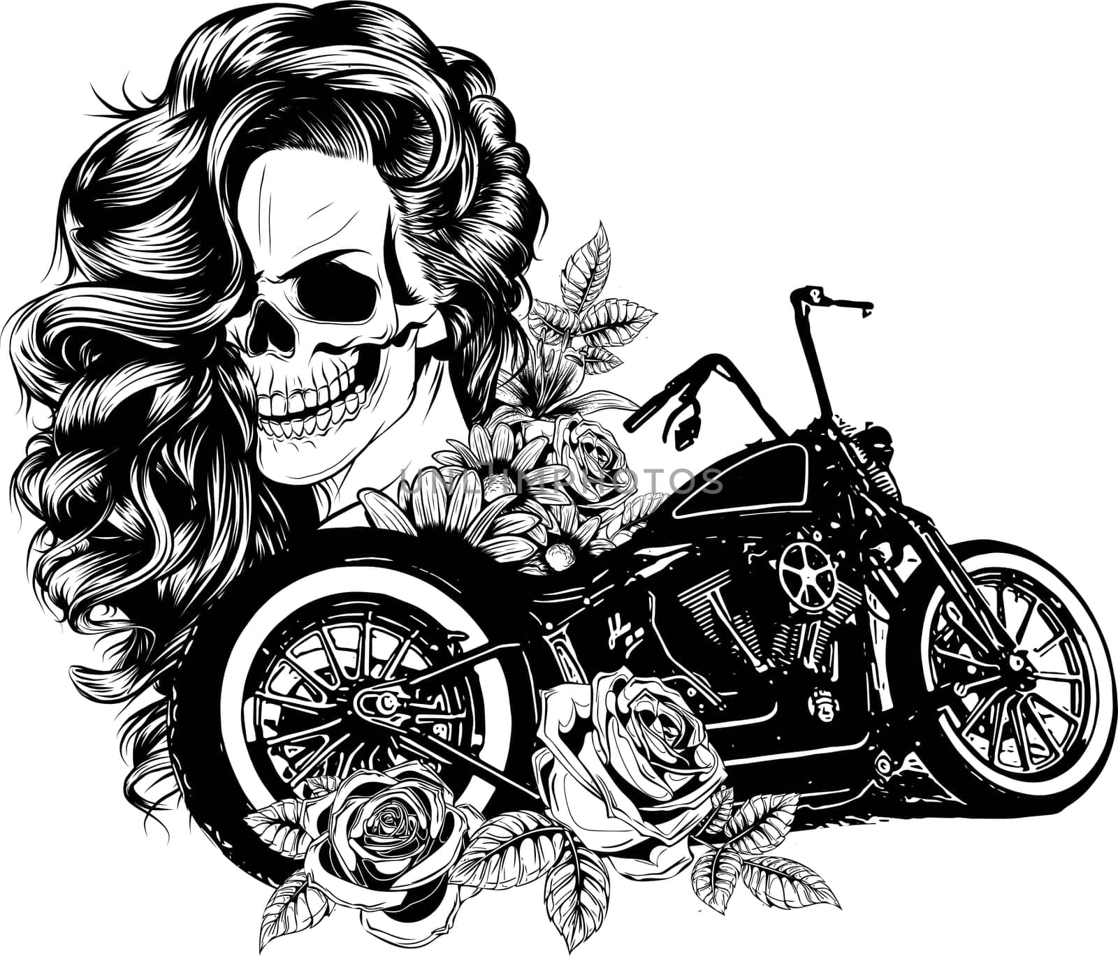 Girl with skeleton make up hand drawn vector sketch. Santa muerte woman witch portrait stock illustration Day of the dead face art