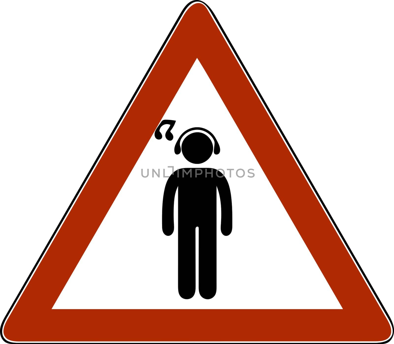 Man silhouettes with ear-phones listening to music against white background.