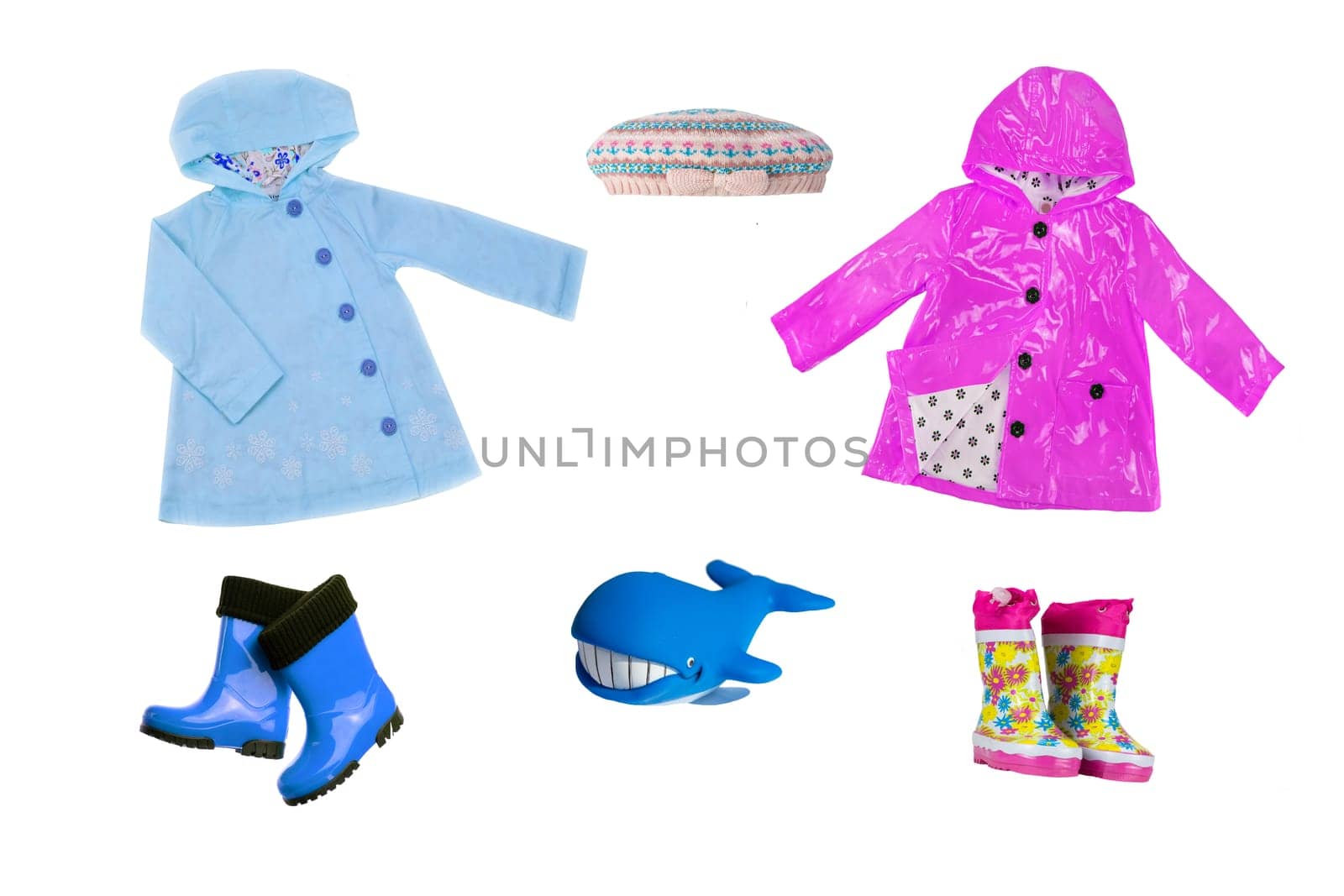 Collage set of children clothes. Collection of spring and autumn clothes isolated on a white background. Closeup of clothes in rain season.