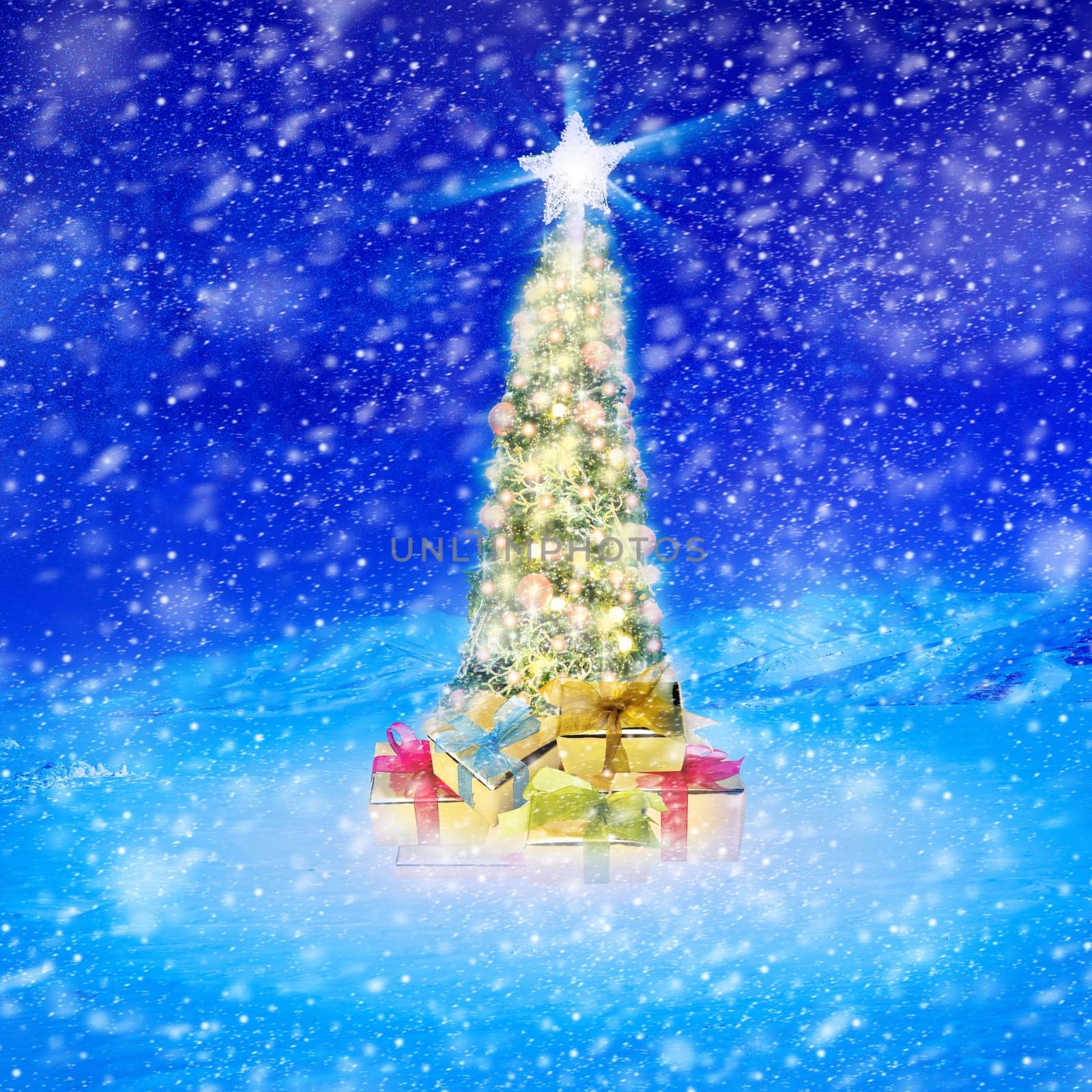 Conceptual image of decorated Christmas tree with colorful lights and ornaments on snow covered landscape