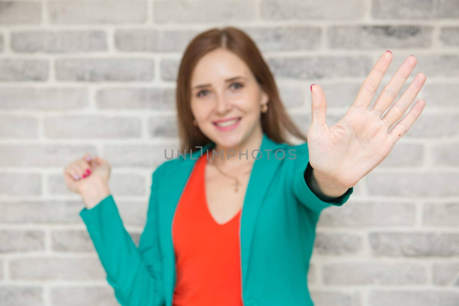 emotions girl with long dark hair, hands outstretched palms open