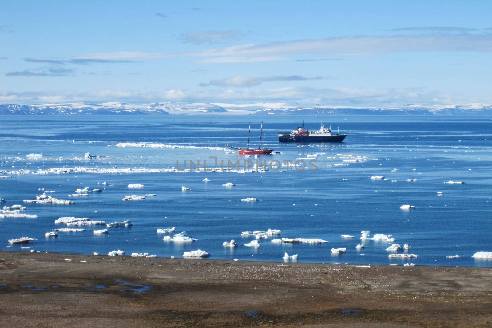 Sailship and Motor Vessel at Kapp Lee, Svalbard Coast