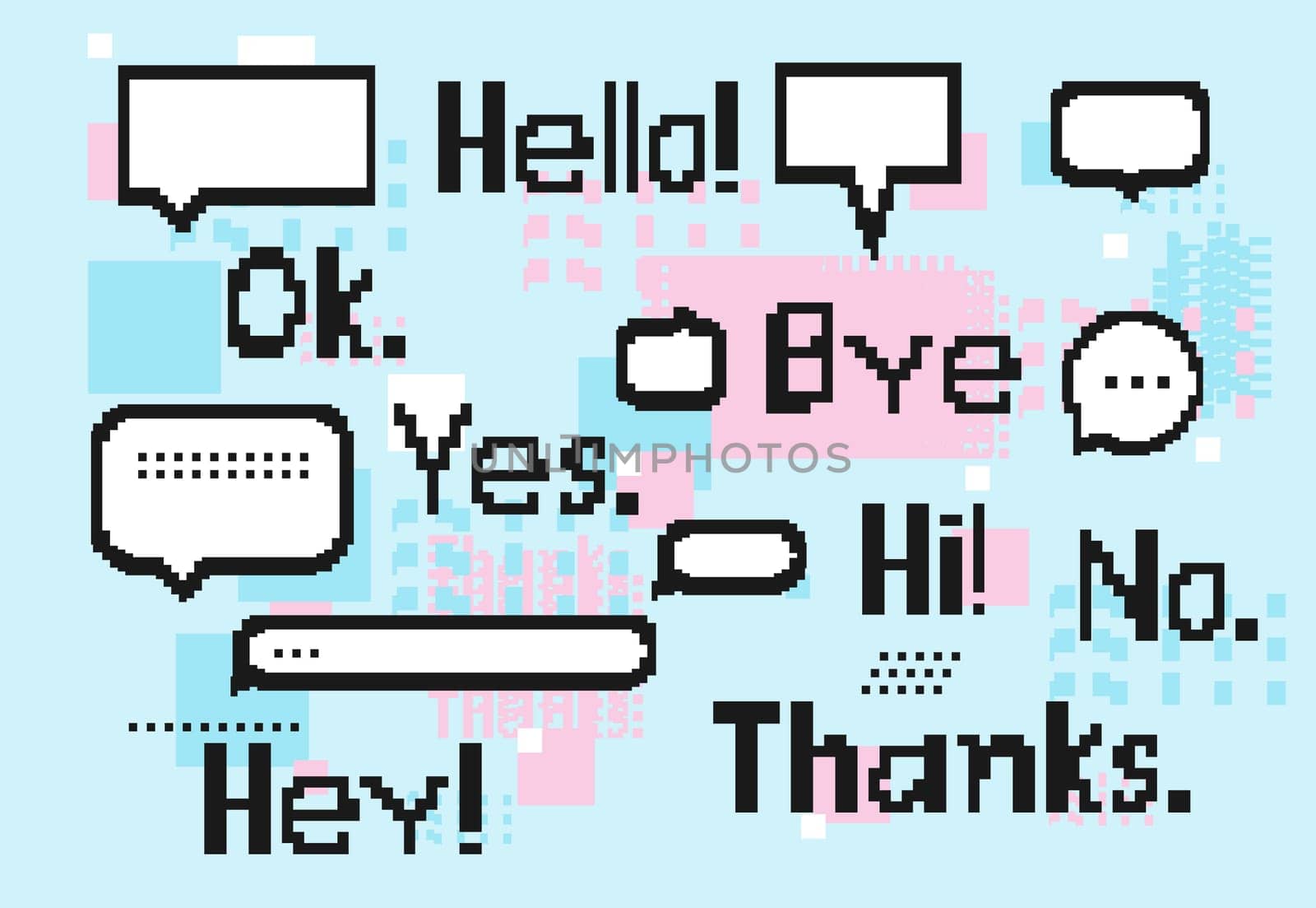Empty white 8 bit speech bubbles set and trendy pixel short phrases, elements. Black White Blue Pink colors