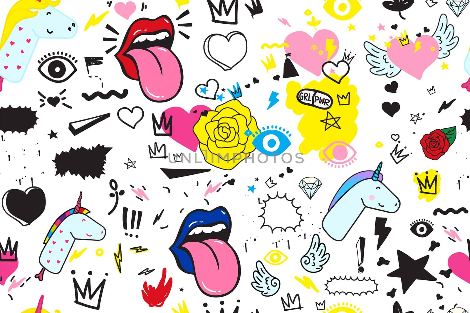 Universal trend hand drawing seamless pattern. Trendy doodles shapes juxtaposed with bright bold elements composition. Design for Magazine Leaflet Billboard Sale Advertisement Stickers Wall everywhere