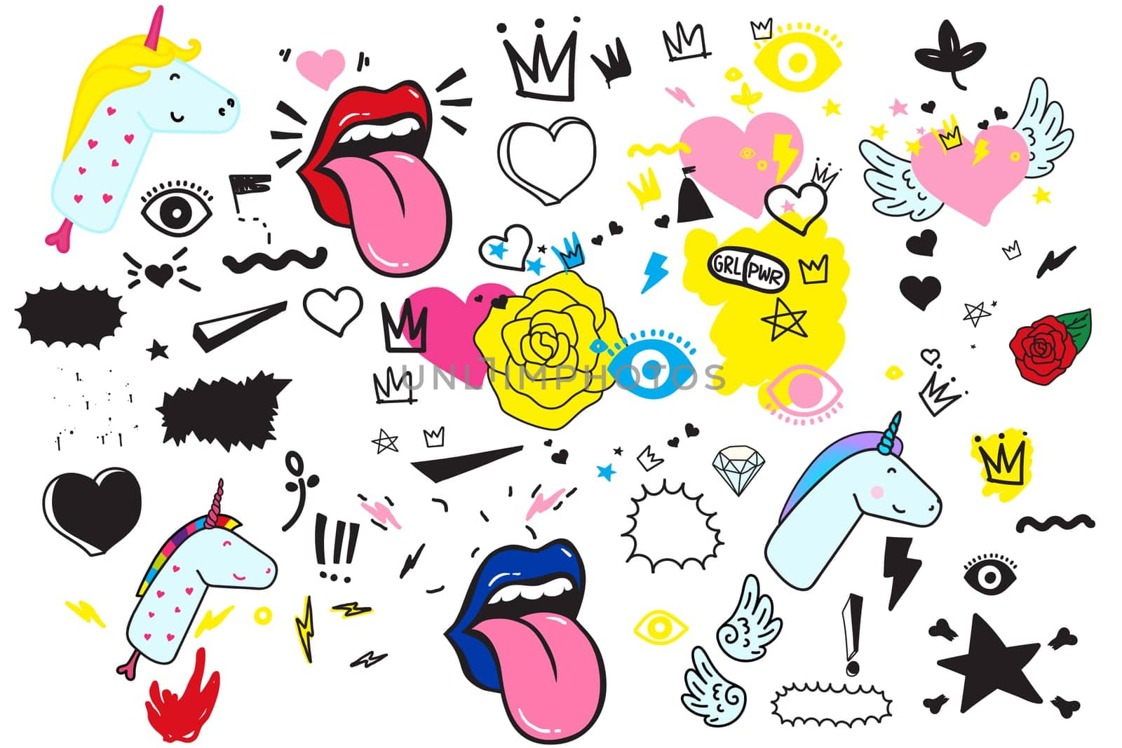 Universal trend hand drawing doodles Mega set. Trendy shapes juxtaposed with bright bold Yellow Blue Black Pink elements composition. Design for Magazine Leaflet Billboard Sale Advertisement Stickers