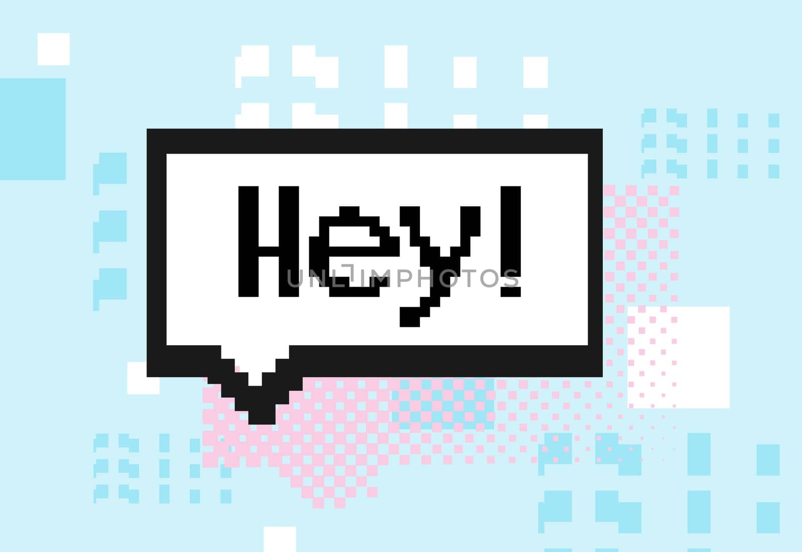 Empty white 8 bit single speech bubble and trendy pixel elements, shapes. Short phrase Hey. Black White Blue Pink colors