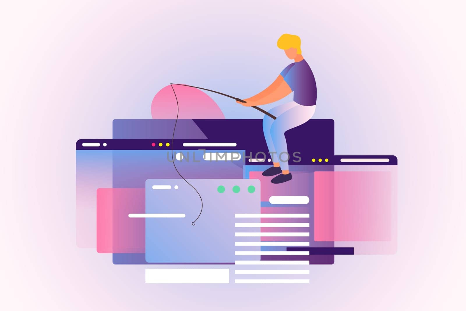 A man trying to catch webpage on the hook. In an endless stream of ideas find your web design version. Fresh forms concept, pastel colors. Startup, social media, advertising, marketing, UI UX process