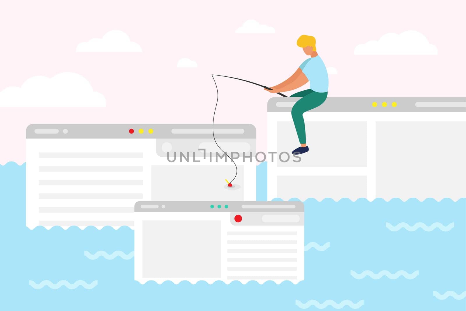 A man sit on computer window trying to catch webpage on the hook. In ocean of ideas find your web design. Fresh form concept, pastel color. Startup, social media, advertising, marketing, UI UX process